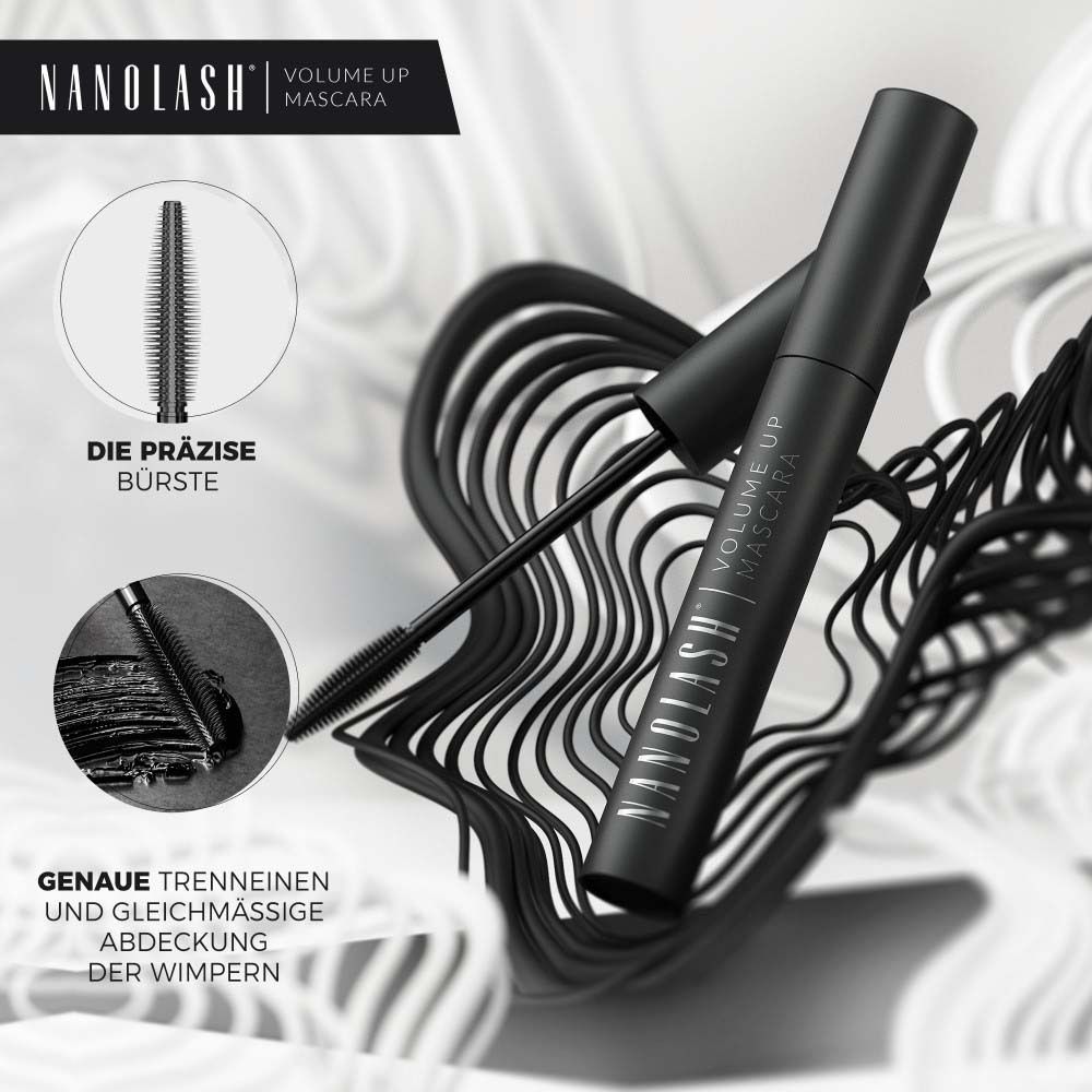 Mascara-Tube und Bürste. Auf der Tube steht Nanolash Volume Up Mascara. Text: Die präzise Bürste.