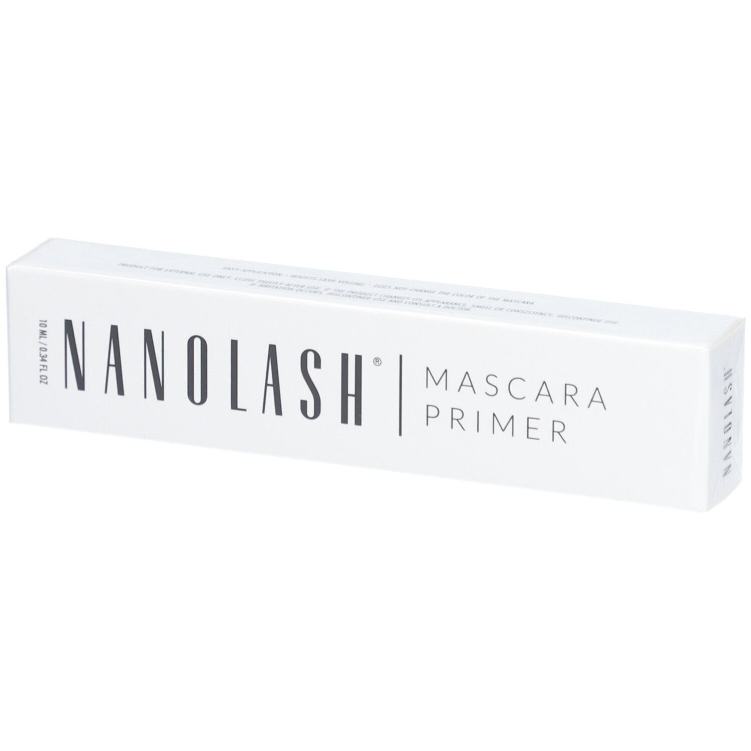 Weiße Verpackung mit NANOLASH und Mascara Primer Schriftzug. Aufdrucke mit Inhaltsangaben.