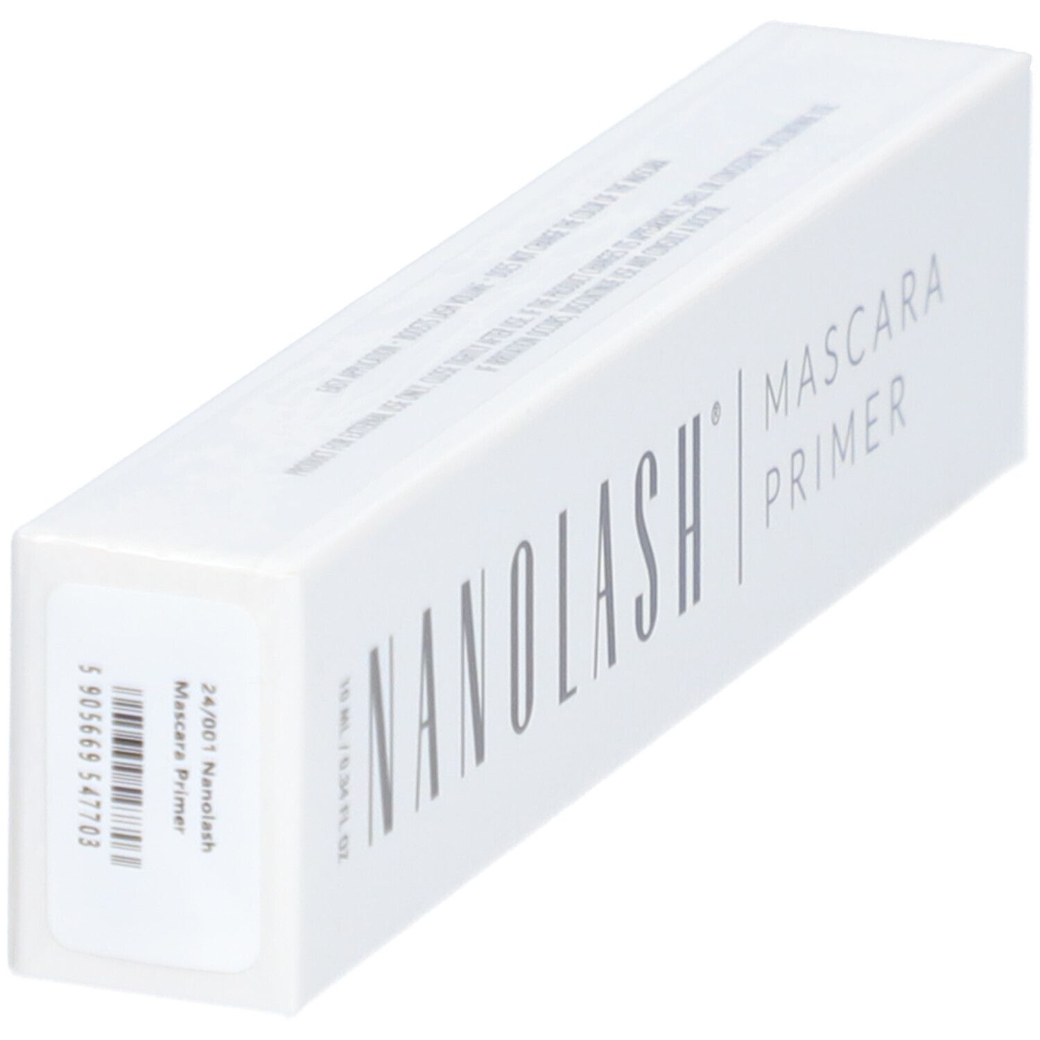 Schräge Ansicht der weißen Verpackung mit NANOLASH und Mascara Primer. Barcode und Produktinformationen.