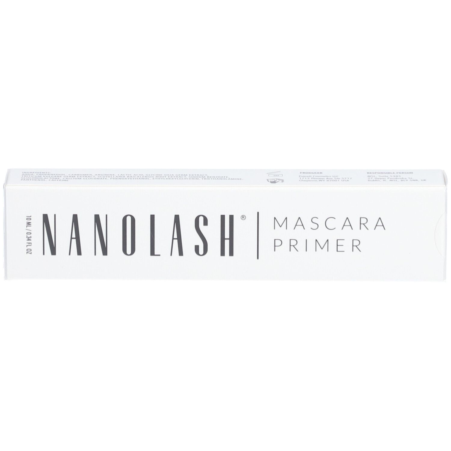 Weiße Verpackung mit NANOLASH und Mascara Primer Schriftzug. Aufdrucke mit Inhaltsangaben.