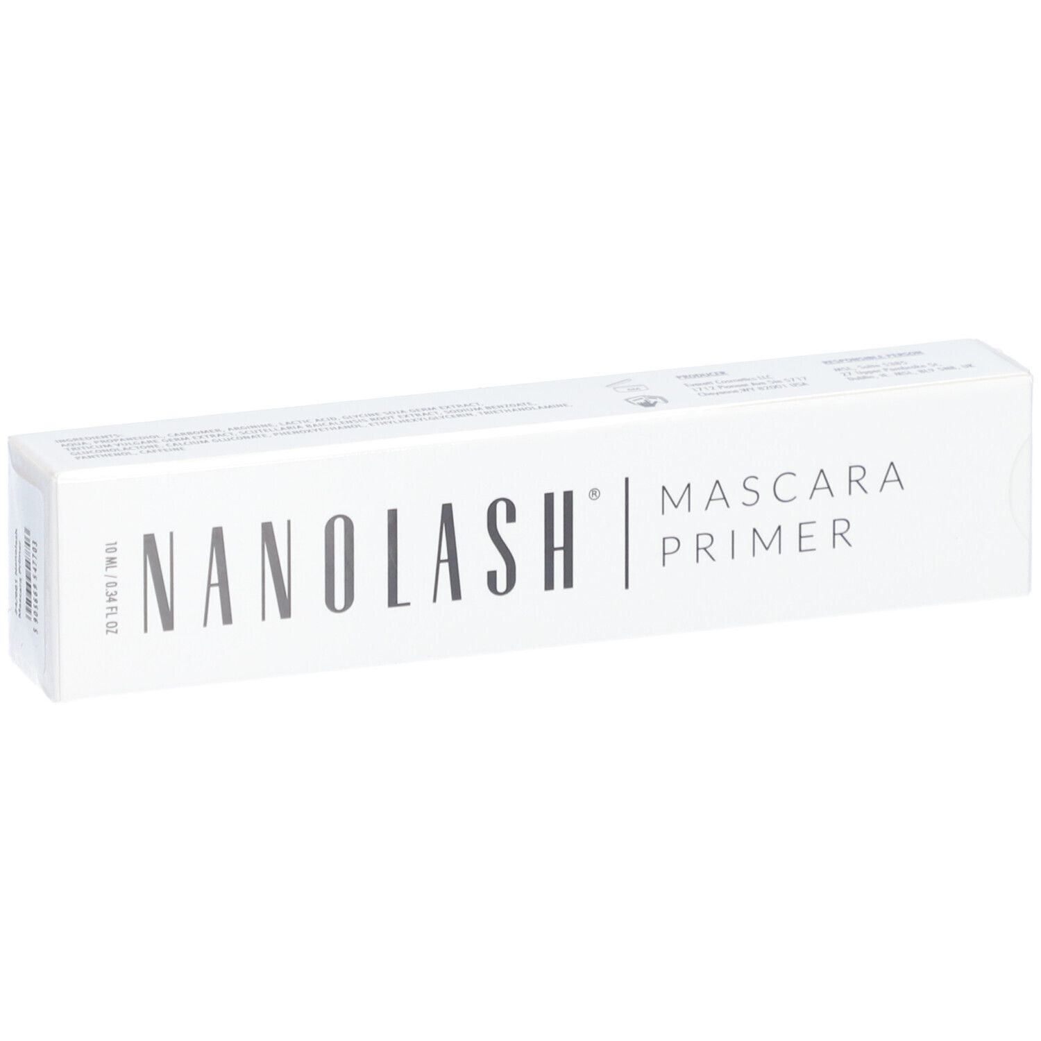 Weiße Verpackung mit NANOLASH und Mascara Primer Schriftzug. Aufdrucke mit Inhaltsangaben.