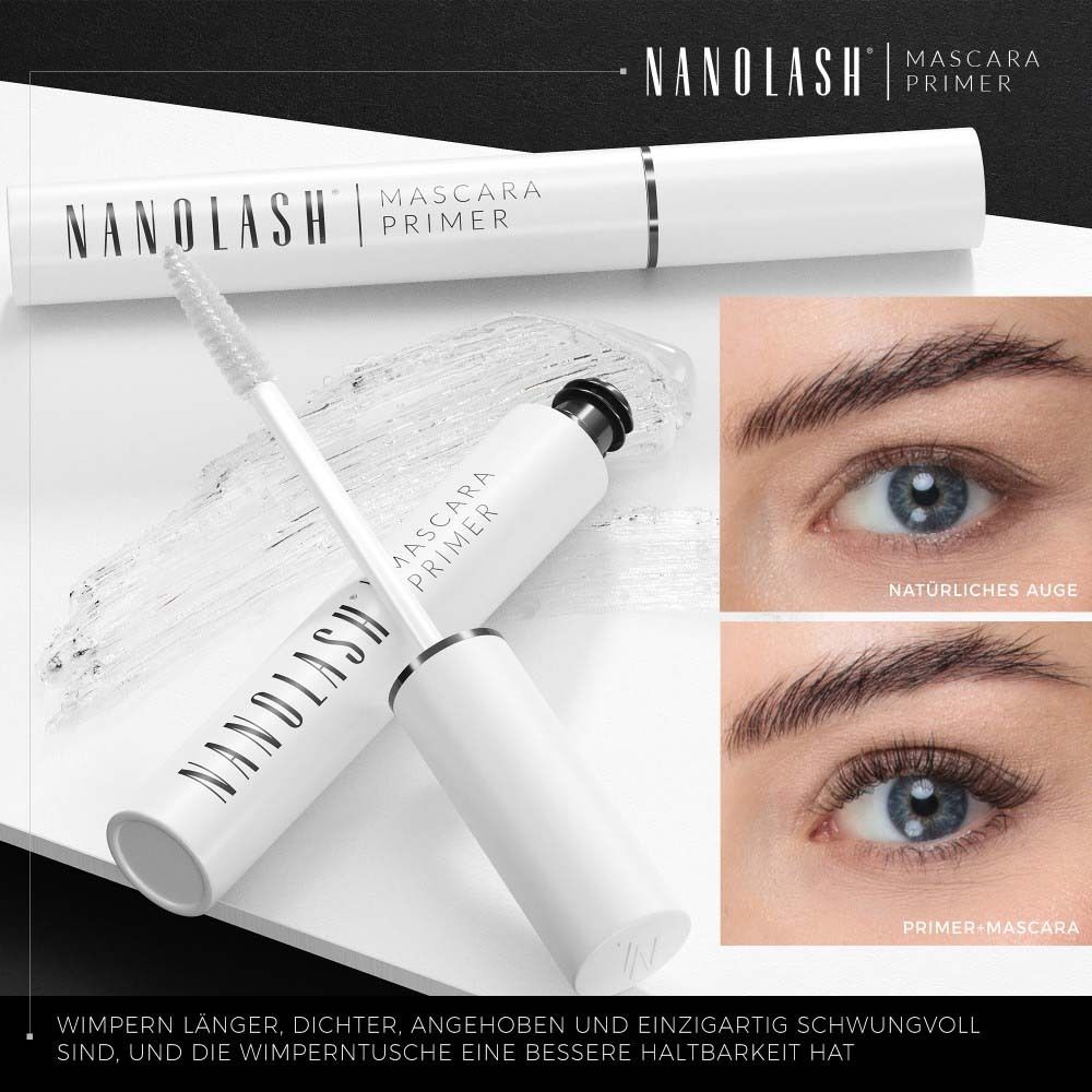 Mascara Primer mit Bürste und Augenbeispiele. Beschriftung: NANOLASH, Mascara Primer. Text: Wimpern länger, dichter.