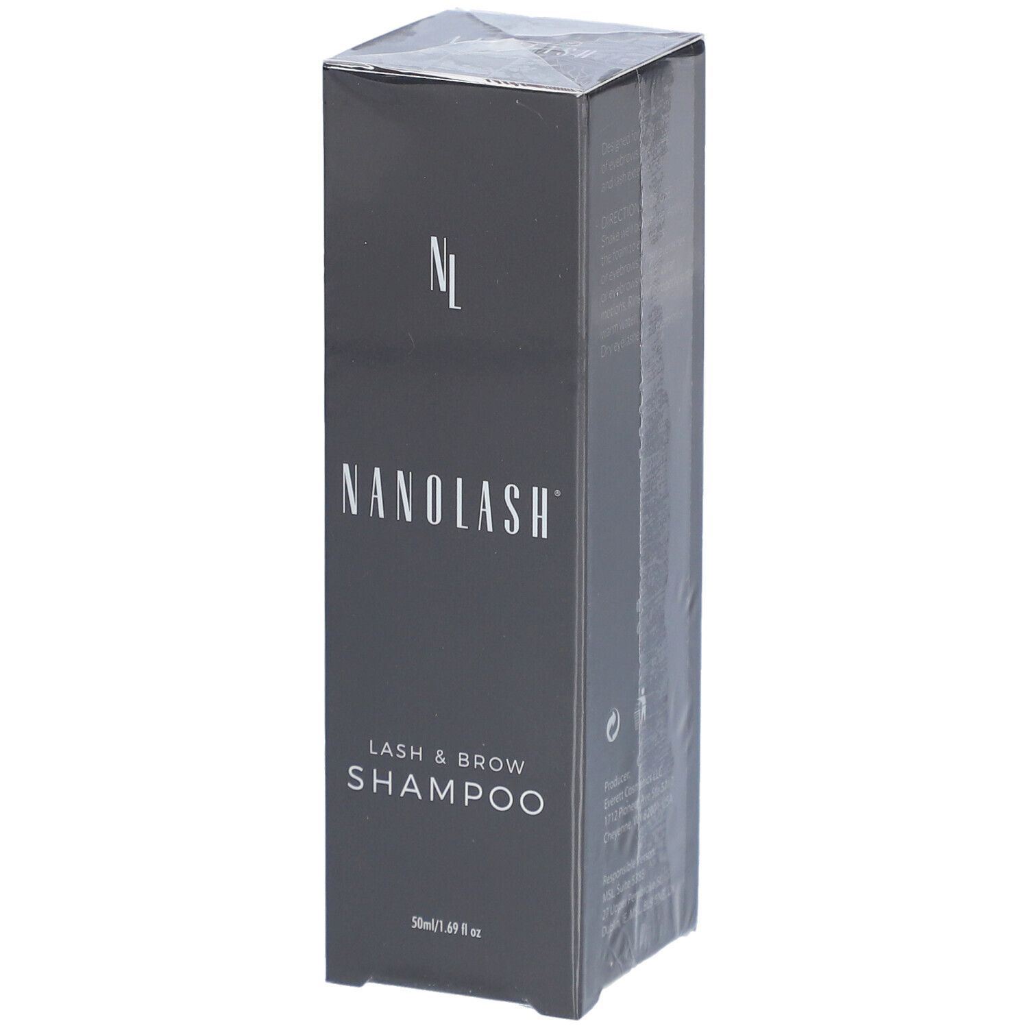 Schwarze Verpackung mit "NANOLASH" und "LASH & BROW SHAMPOO" in Weiß. Produktverpackung.