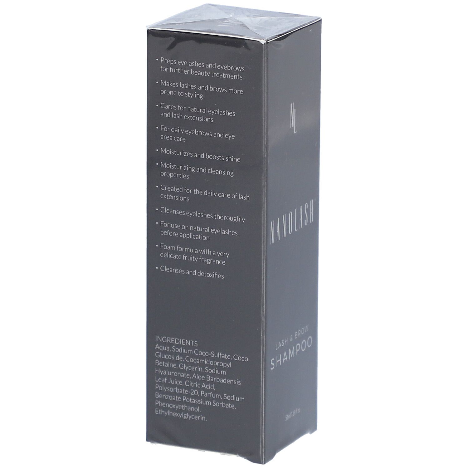 Seite der schwarzen Verpackung. Text mit Produktvorteilen und Inhaltsstoffen. "NANOLASH" und "LASH & BROW SHAMPOO".