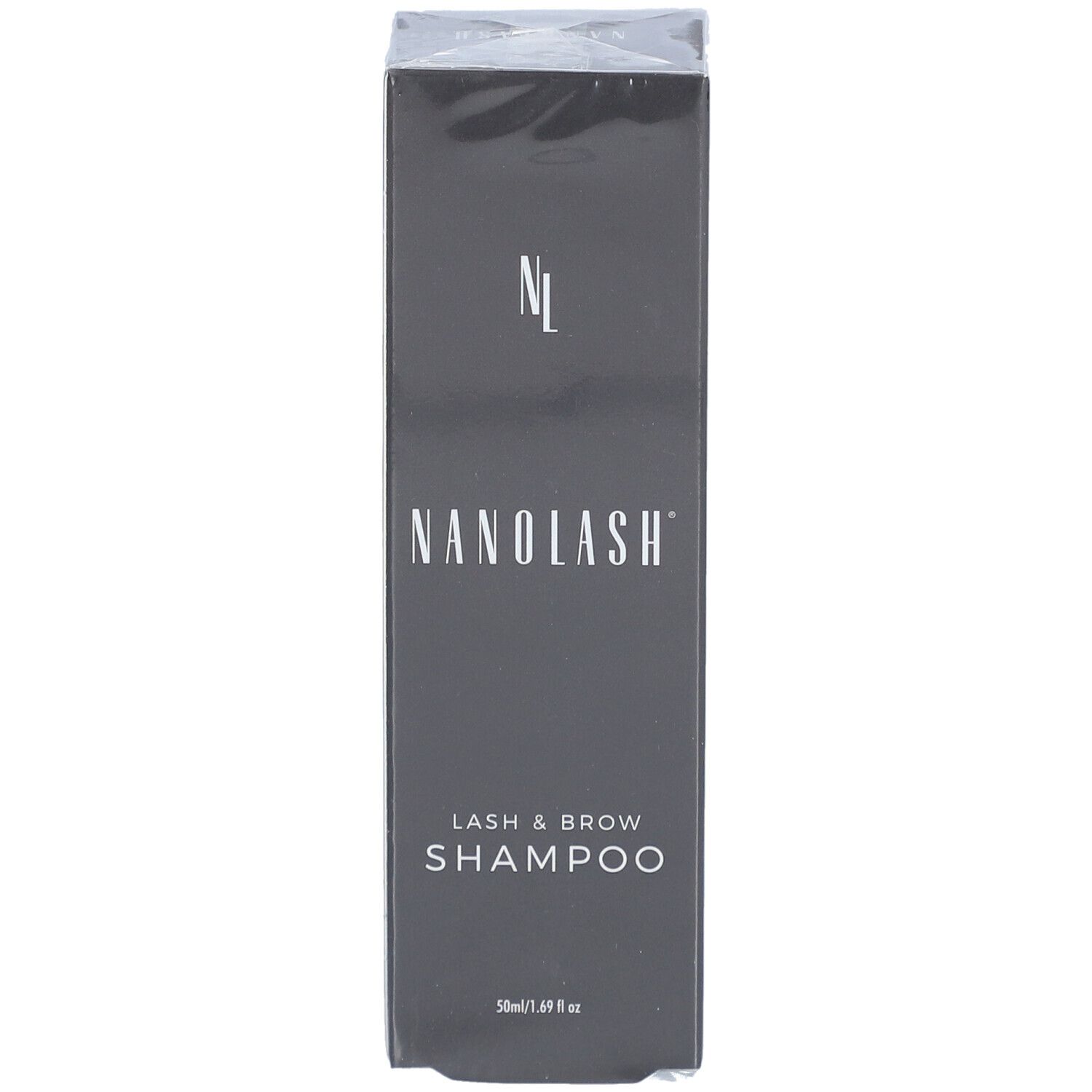 Schwarze Verpackung mit "NANOLASH" und "LASH & BROW SHAMPOO" in Weiß. Produktverpackung.