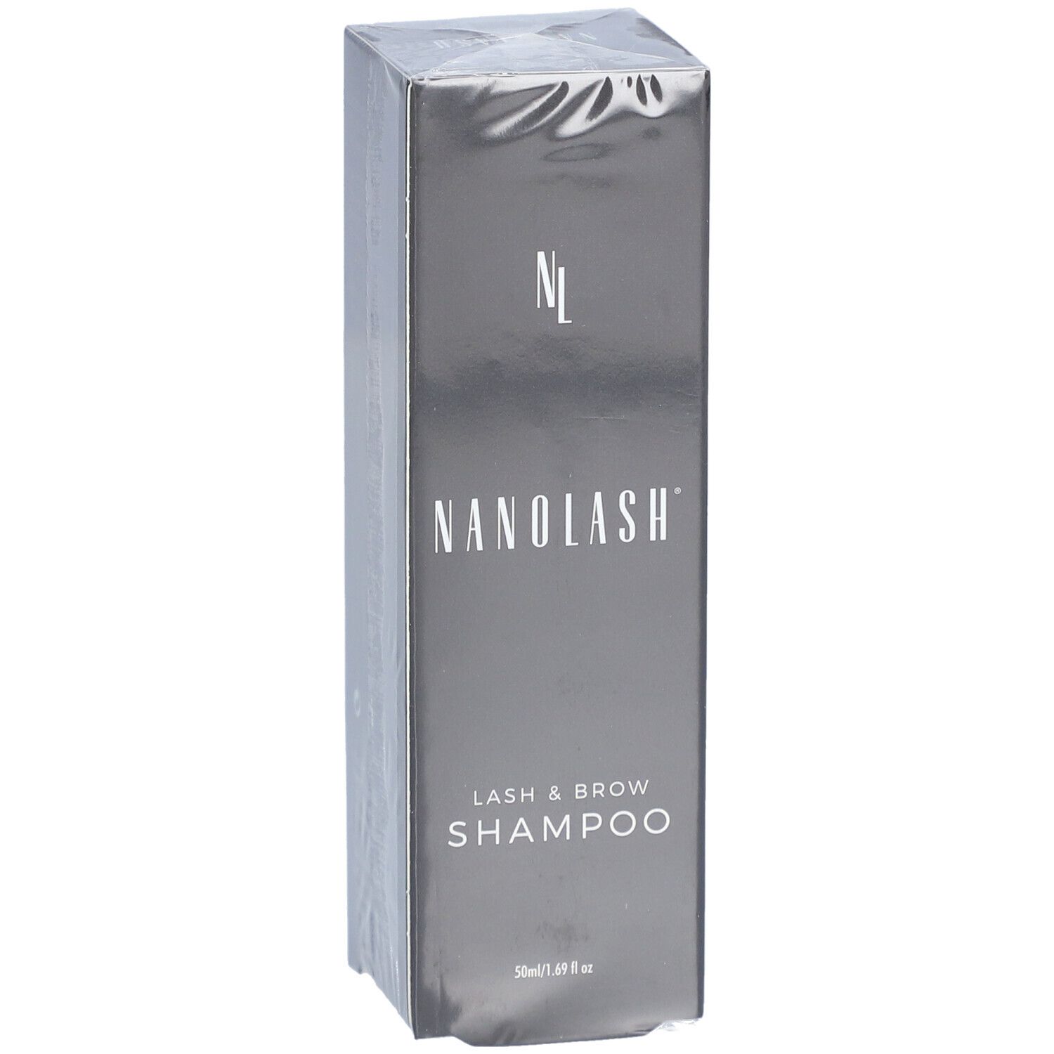 Graue Verpackung mit "NANOLASH" und "LASH & BROW SHAMPOO" in Silber. Produktverpackung.