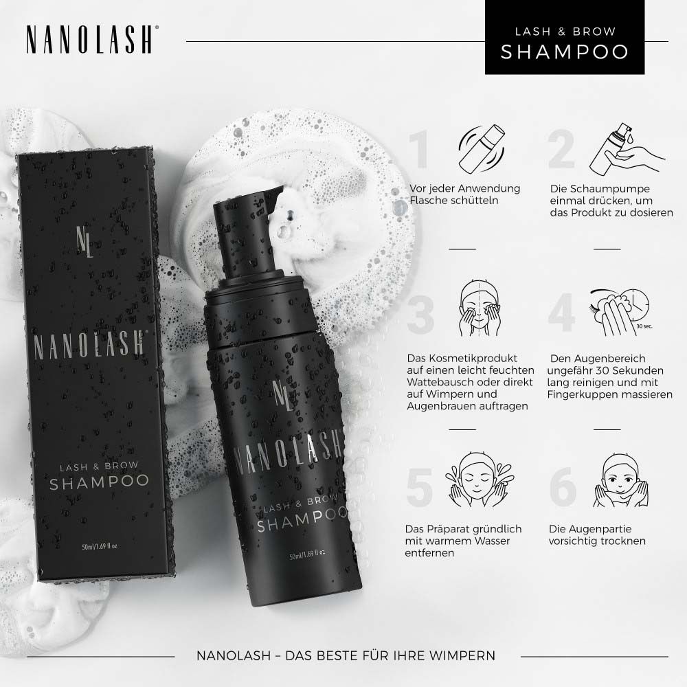 Schwarze Flasche mit "NANOLASH" und "LASH & BROW SHAMPOO" neben einer Verpackung. Anweisungen in Textform.