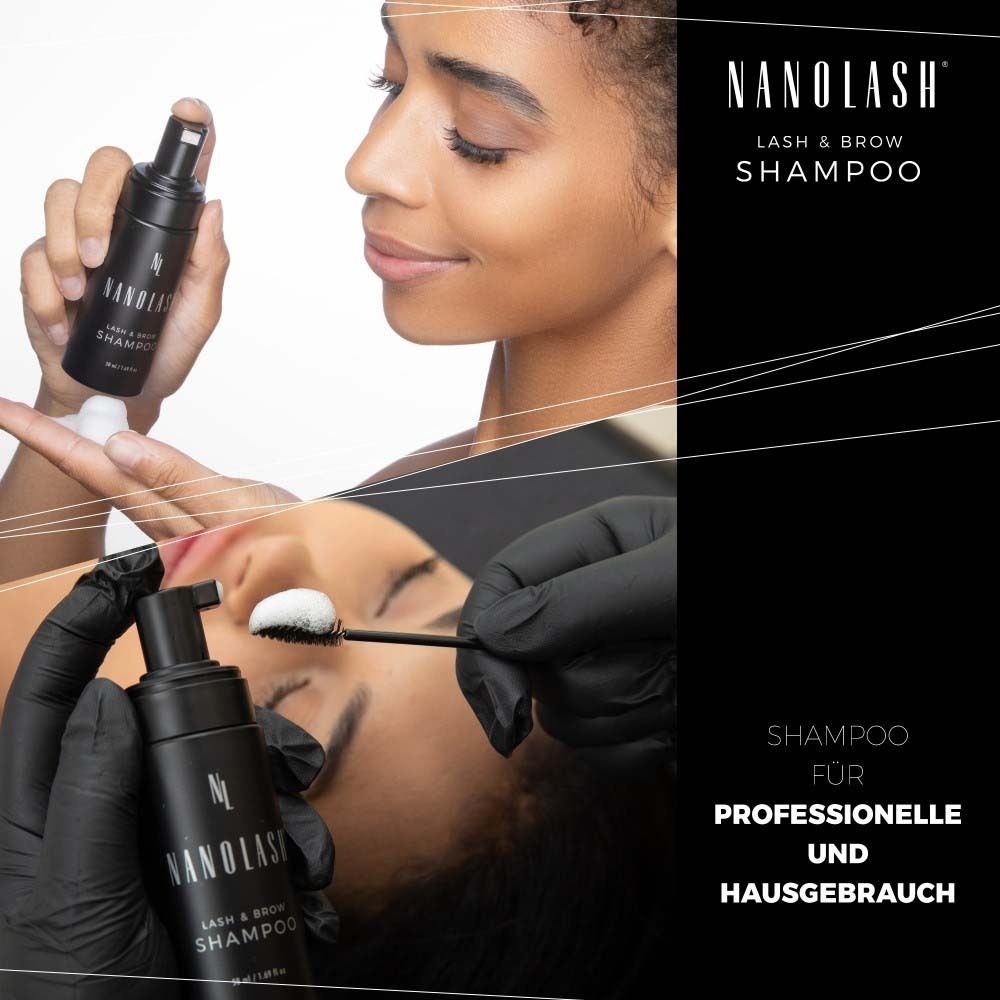 Zwei Frauen, eine hält eine schwarze Flasche mit "NANOLASH" und "LASH & BROW SHAMPOO".