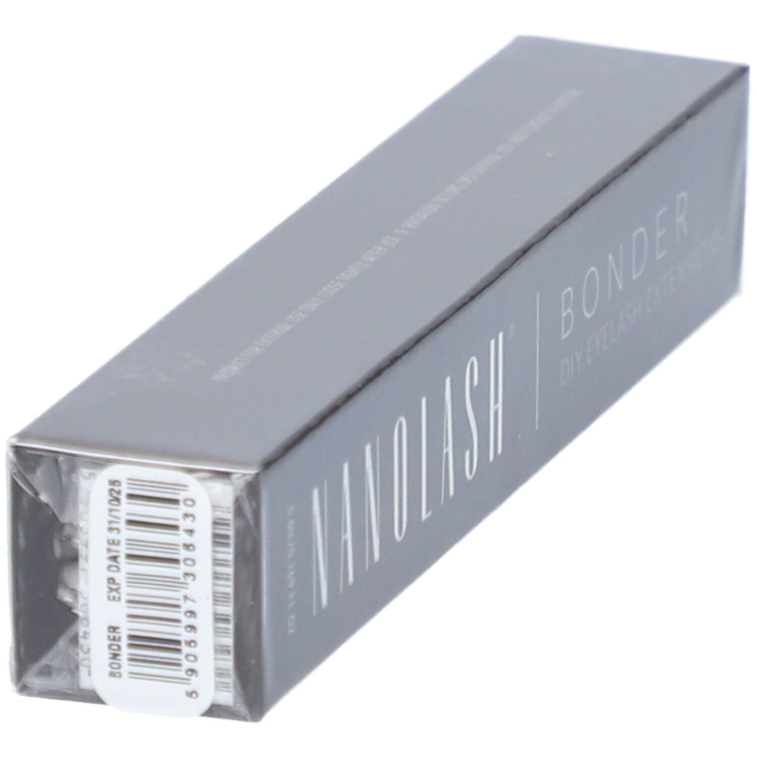 Boîte grise foncée, "NANOLASH" et "BONDER DIY EYELASH EXTENSIONS". Code-barres et date d'expiration.