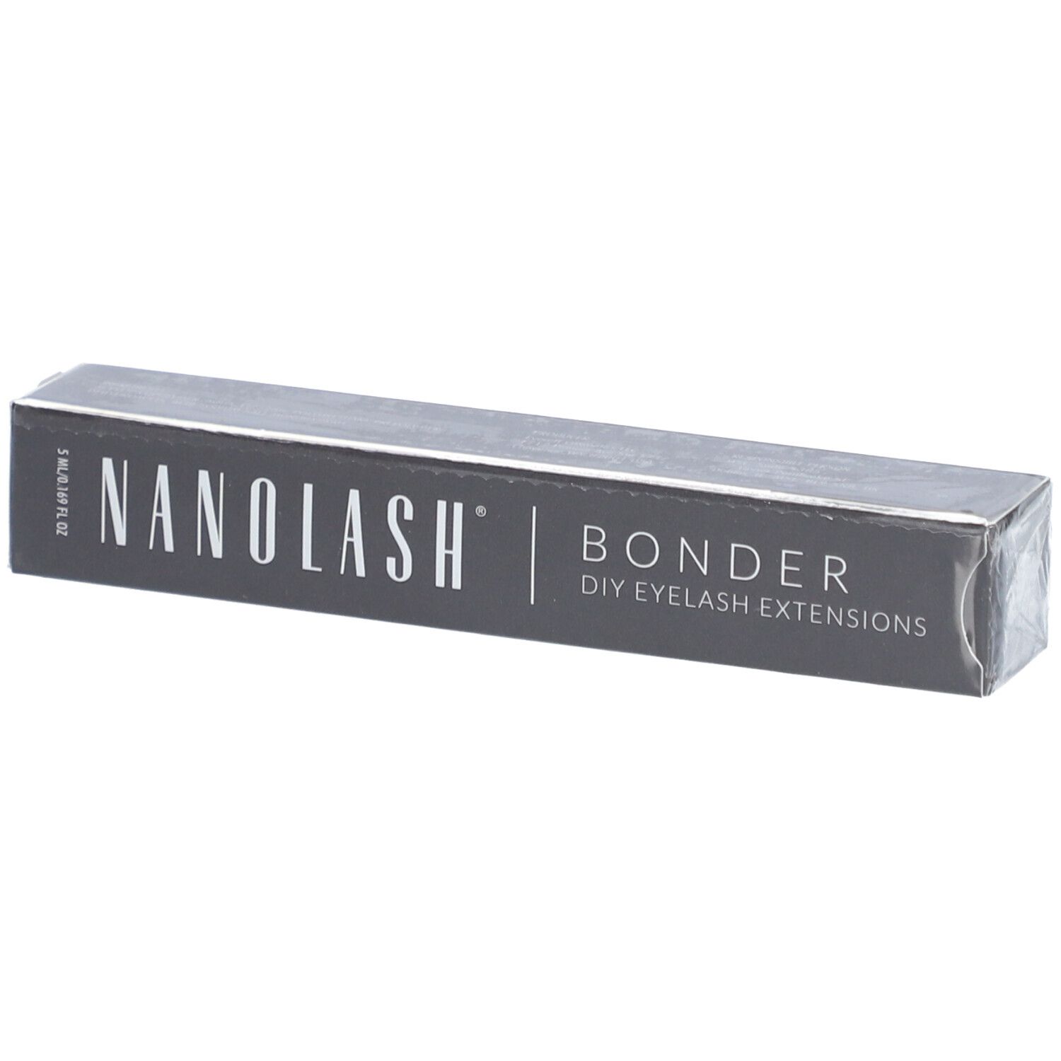 Boîte grise foncée avec "NANOLASH" et "BONDER DIY EYELASH EXTENSIONS". Emballage.