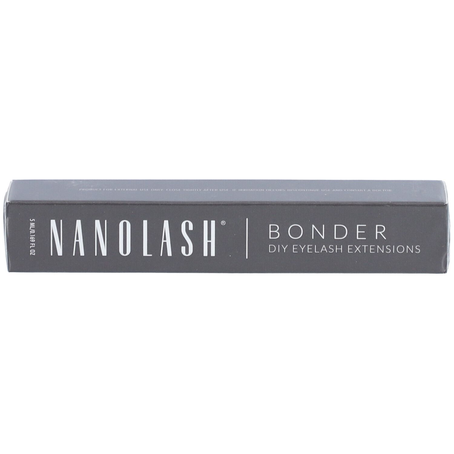 Boîte grise foncée avec "NANOLASH" et "BONDER DIY EYELASH EXTENSIONS". Emballage.