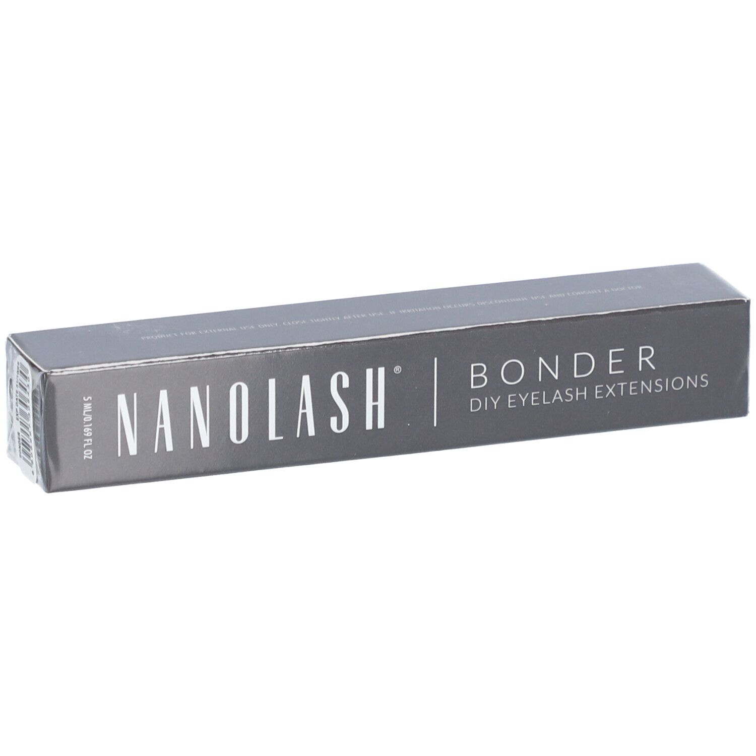 Boîte grise foncée avec "NANOLASH" et "BONDER DIY EYELASH EXTENSIONS". Emballage.
