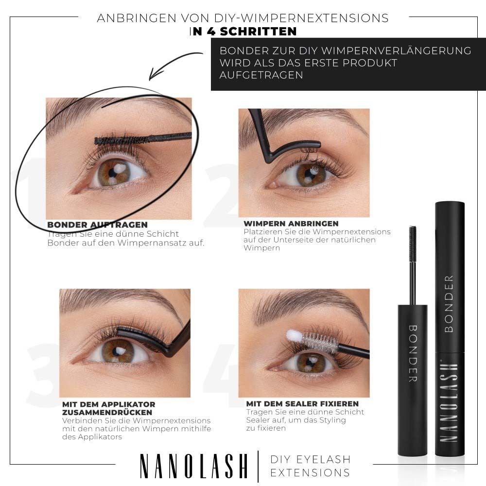 Anleitung in 4 Schritten. Produkt und Applikator. Aufschrift: NANOLASH DIY EYELASH EXTENSIONS. Produkt: BONDER.