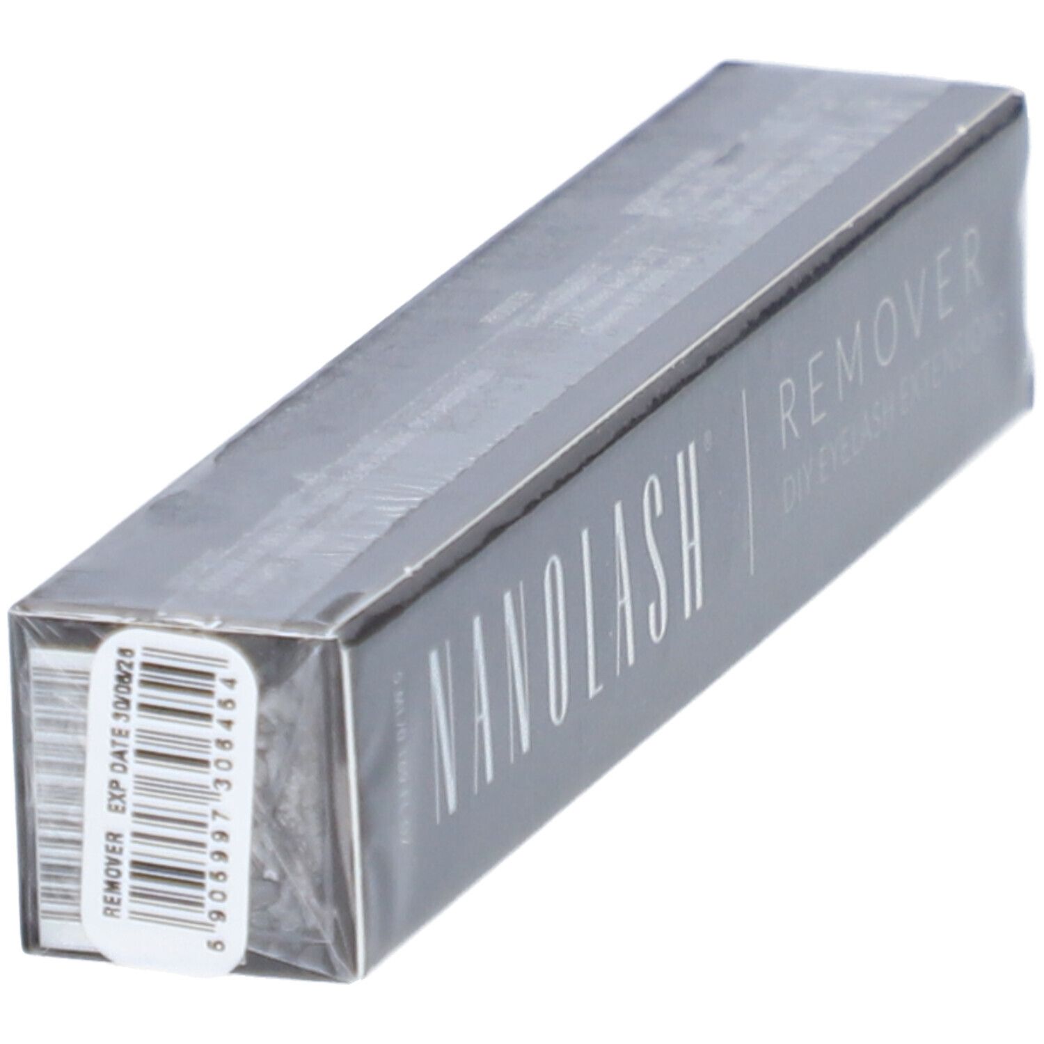 Graue Schachtel mit Barcode und Aufdruck. "NANOLASH REMOVER DIY EYELASH EXTENSIONS".
