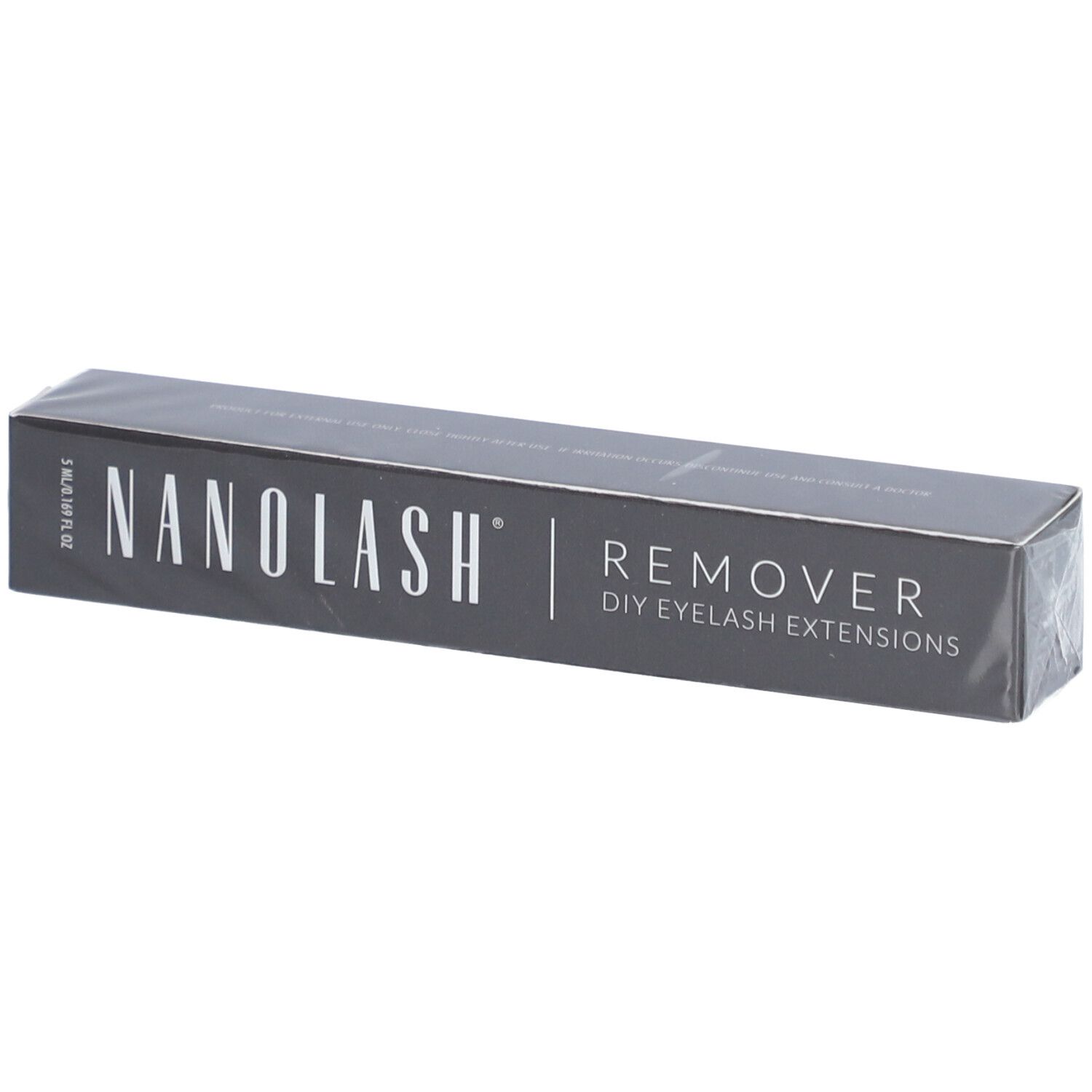 Graue Schachtel mit "NANOLASH REMOVER DIY EYELASH EXTENSIONS"-Aufdruck. Verpackt in Folie.