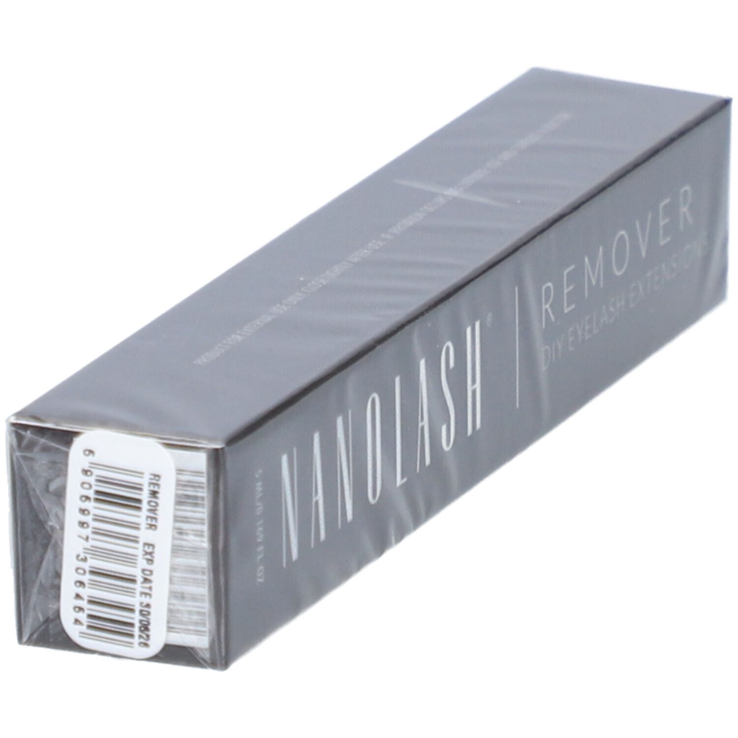 Graue Schachtel mit Barcode und Aufdruck. "NANOLASH REMOVER DIY EYELASH EXTENSIONS".