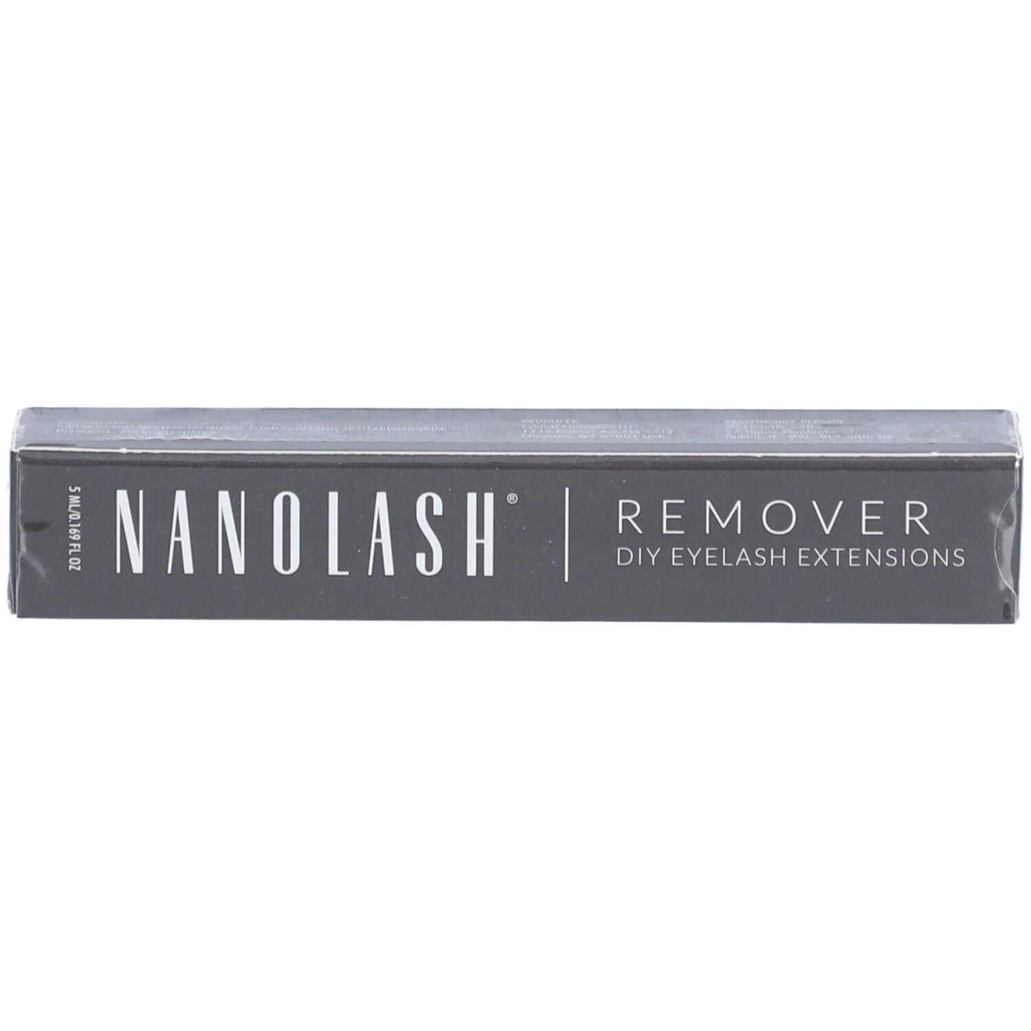 Graue Schachtel mit "NANOLASH REMOVER DIY EYELASH EXTENSIONS"-Aufdruck.