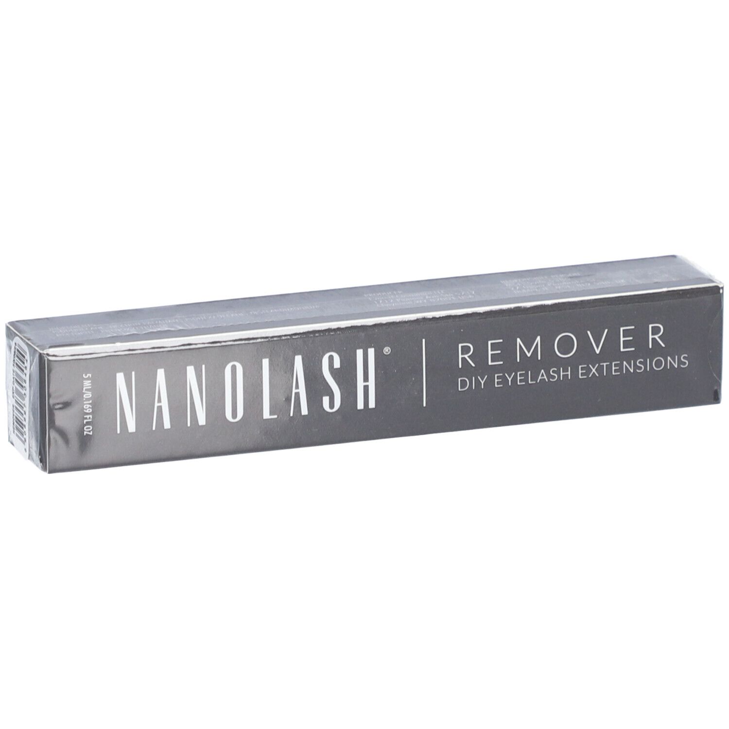 Graue Schachtel mit "NANOLASH REMOVER DIY EYELASH EXTENSIONS"-Aufdruck.