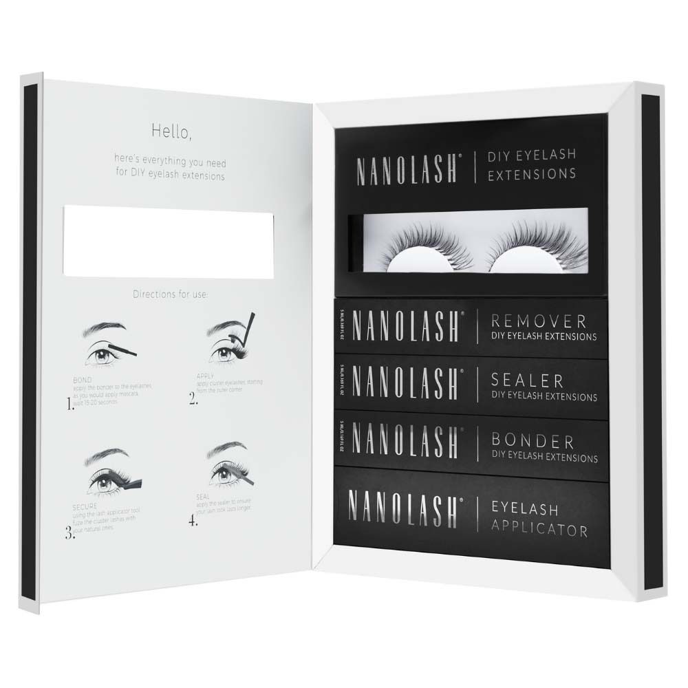 NANOLASH Etui. Enthält Wimpern, Remover, Sealer, Bonder und Applikator. Anleitung auf der Innenseite. Schwarze Verpackung.