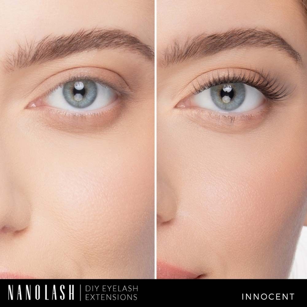 Vorher-Nachher-Vergleich. Ein Auge ohne und eines mit NANOLASH Wimpernverlängerung. Produktname: INNOCENT.