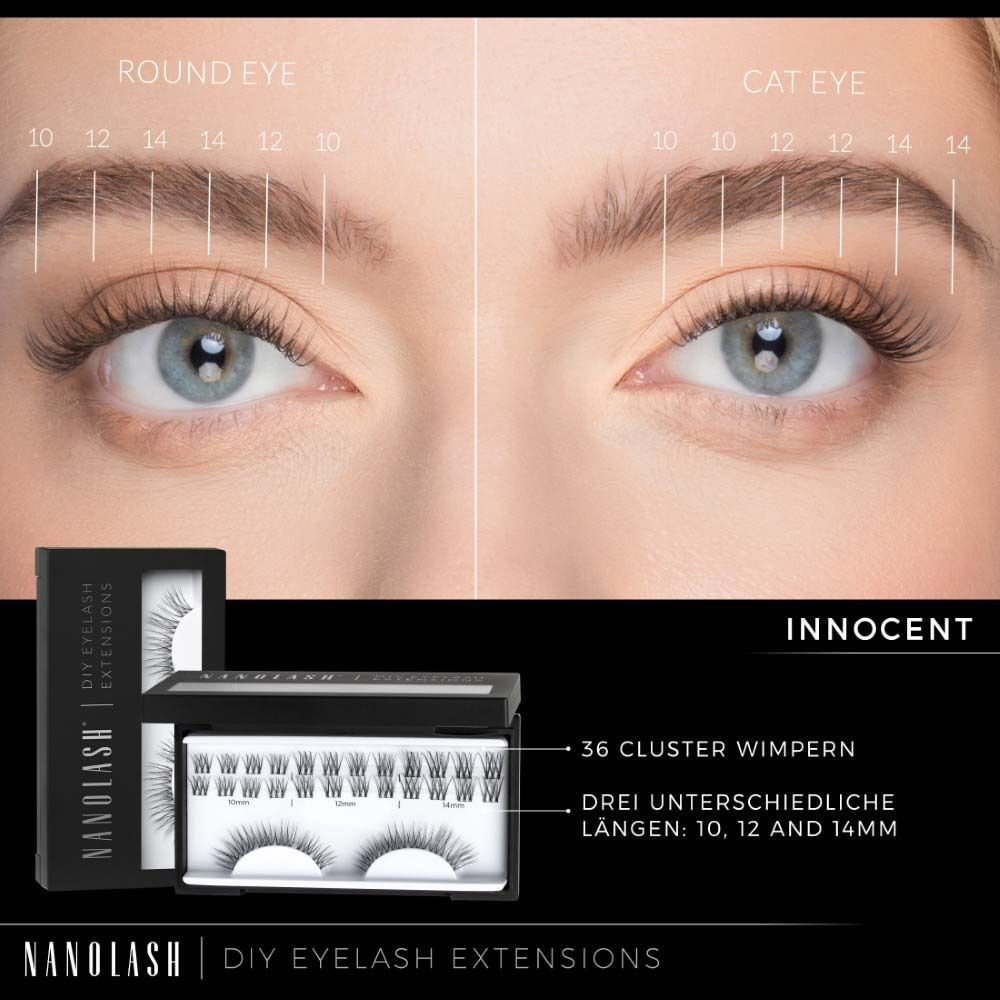 Nahaufnahme von Augen mit Wimpernverlängerungen. Größenangaben: 10, 12, 14 mm. NANOLASH DIY Eyelash Extensions. INNOCENT.