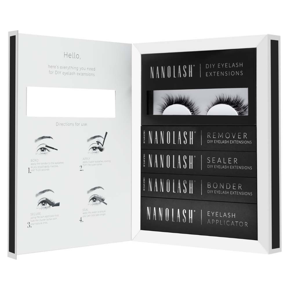 NANOLASH Etui geöffnet. Enthält Wimpern, Remover, Sealer, Bonder und Applikator. Anleitungen und Produktnamen sind sichtbar.
