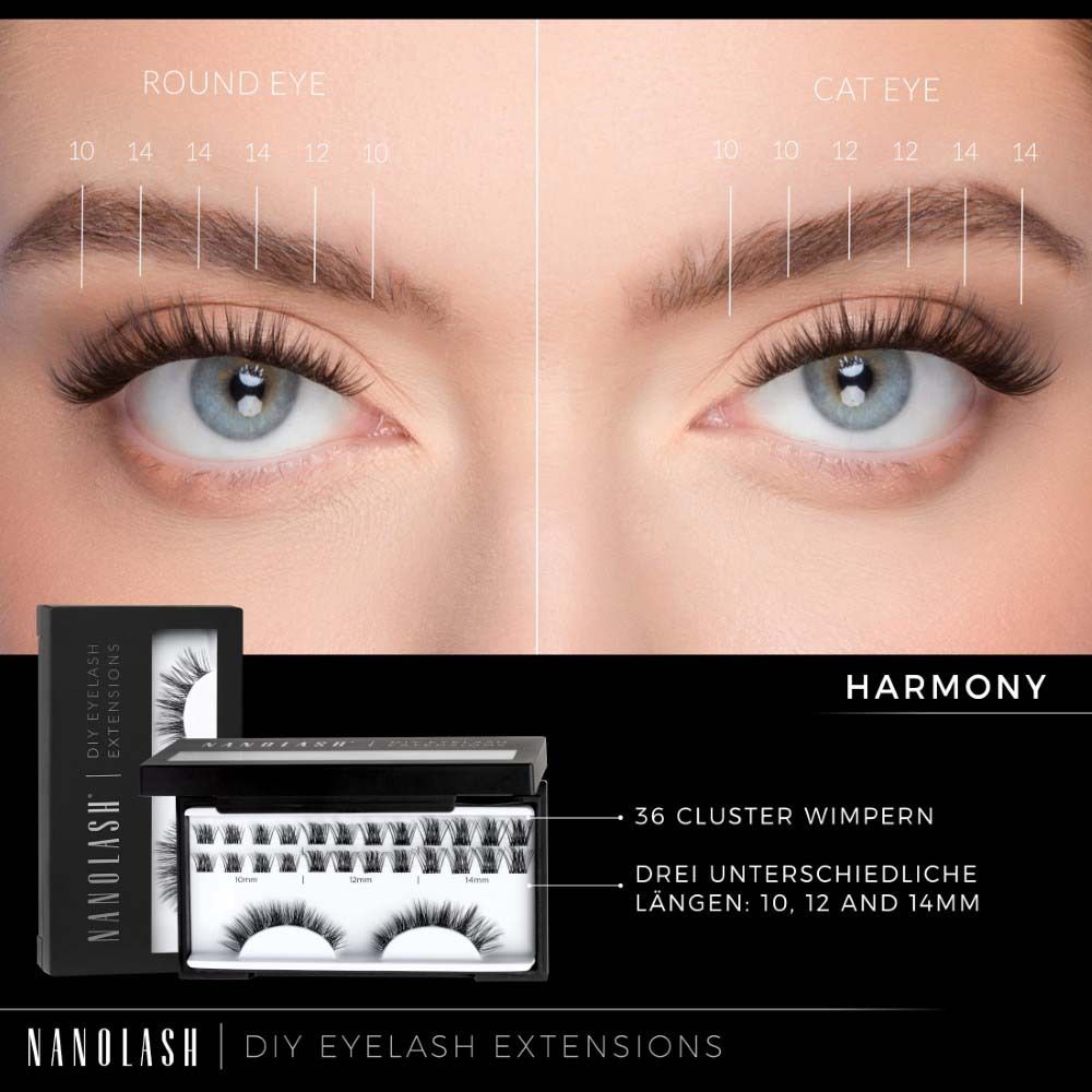 Zwei Augen mit Wimpernverlängerung. Verschiedene Längen. Geöffnete Verpackung mit Wimpern. Text: NANOLASH DIY EYELASH EXTENSIONS HARMONY.