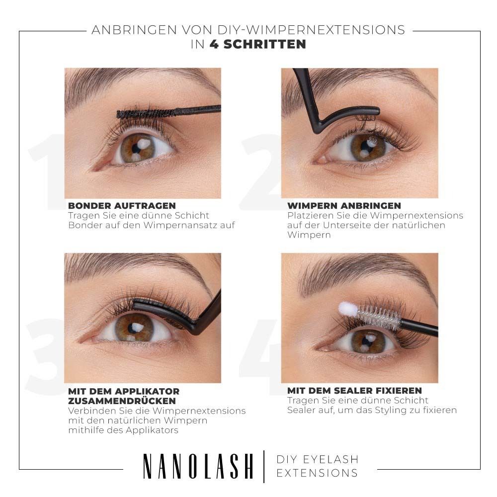 Anleitung in 4 Schritten für NANOLASH Wimpernverlängerungen. Bonder auftragen, Wimpern anbringen, andrücken, fixieren.