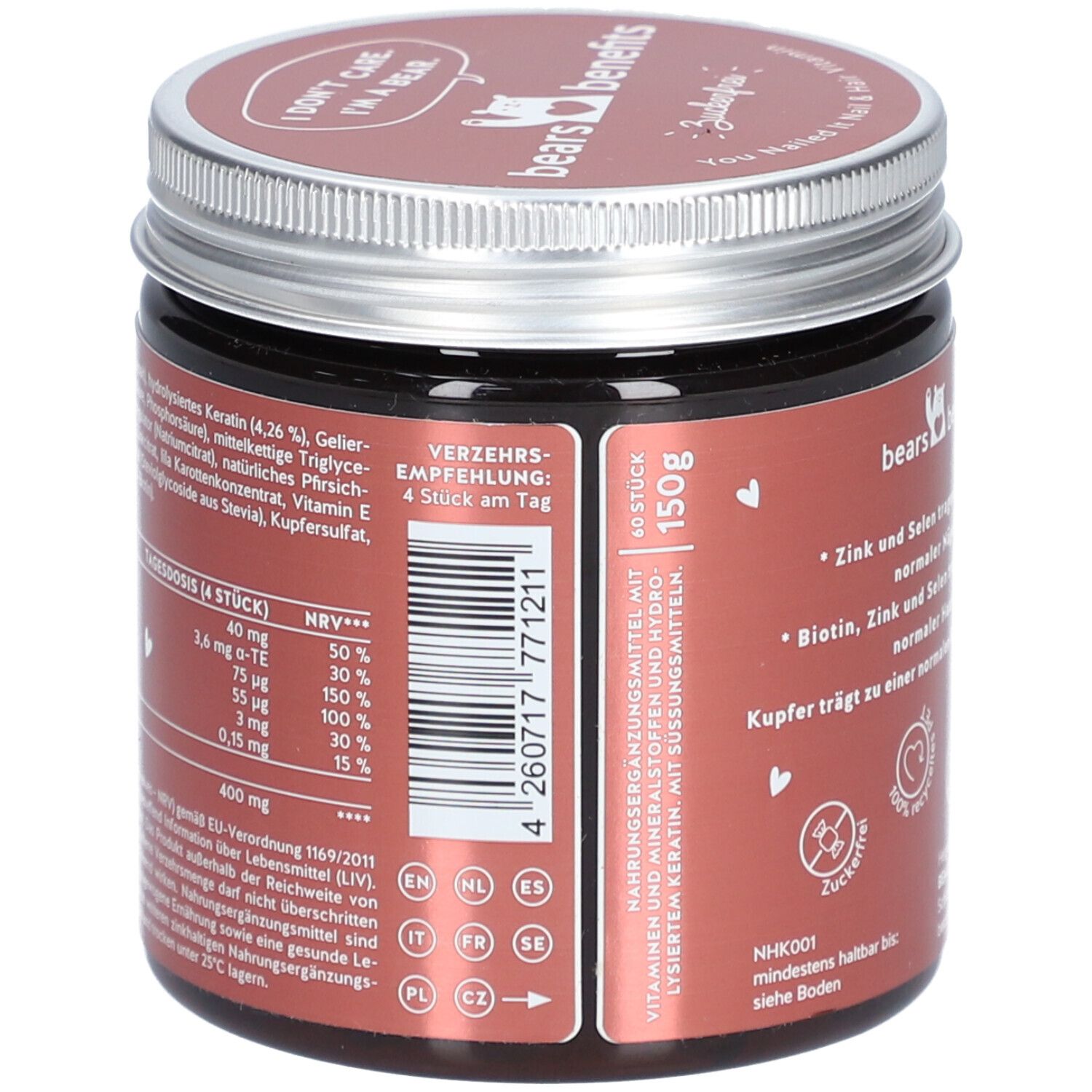 Dose mit Nährwertangaben und Inhaltsstoffen. Text: Verzehrempfehlung: 4 Stück am Tag. 150g. Barcode. Logos.