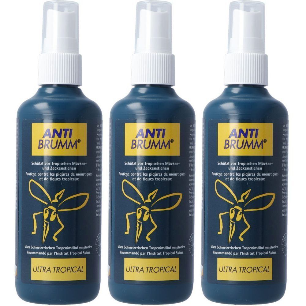 Trois flacons pulvérisateurs bleus avec des têtes blanches. L'étiquette jaune porte "ANTI BRUMM" et "ULTRA TROPICAL".