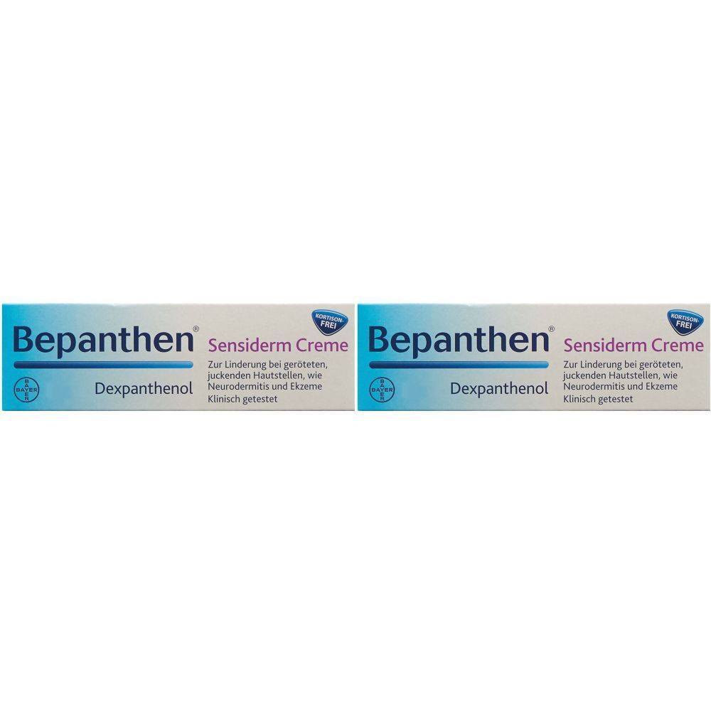 Zwei Tuben Bepanthen Sensiderm Crème. Blaue und weiße Verpackung mit Produktnamen und Inhaltsstoffen.