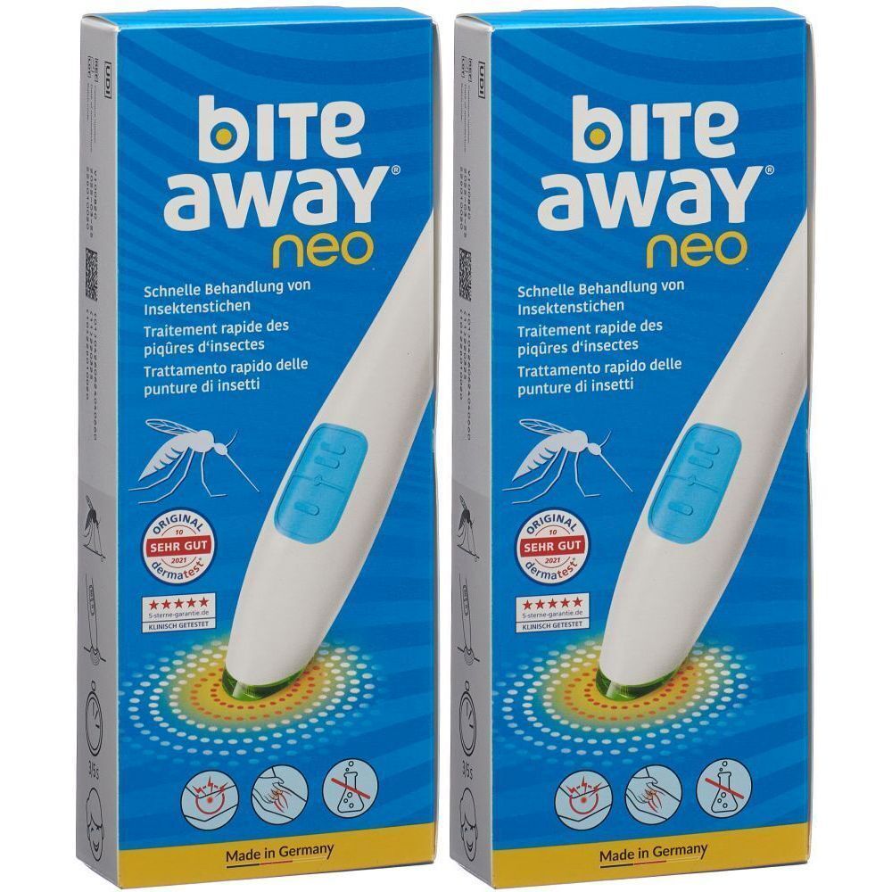 Zwei Packungen von BITE AWAY® Neo. Aufschrift: Schnelle Behandlung von Insektenstichen. Produkt in Weiß mit blauem Bedienfeld und grüner Spitze.