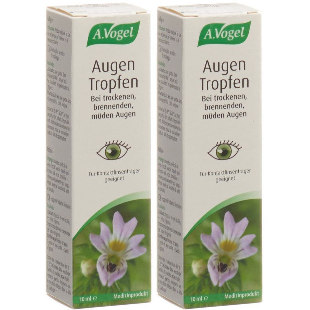 Zwei Schachteln A. Vogel Augentropfen. Weiße Verpackung mit grüner Schrift und Logo. Text: Augen Tropfen, Bei trockenen, brennenden, müden Augen.