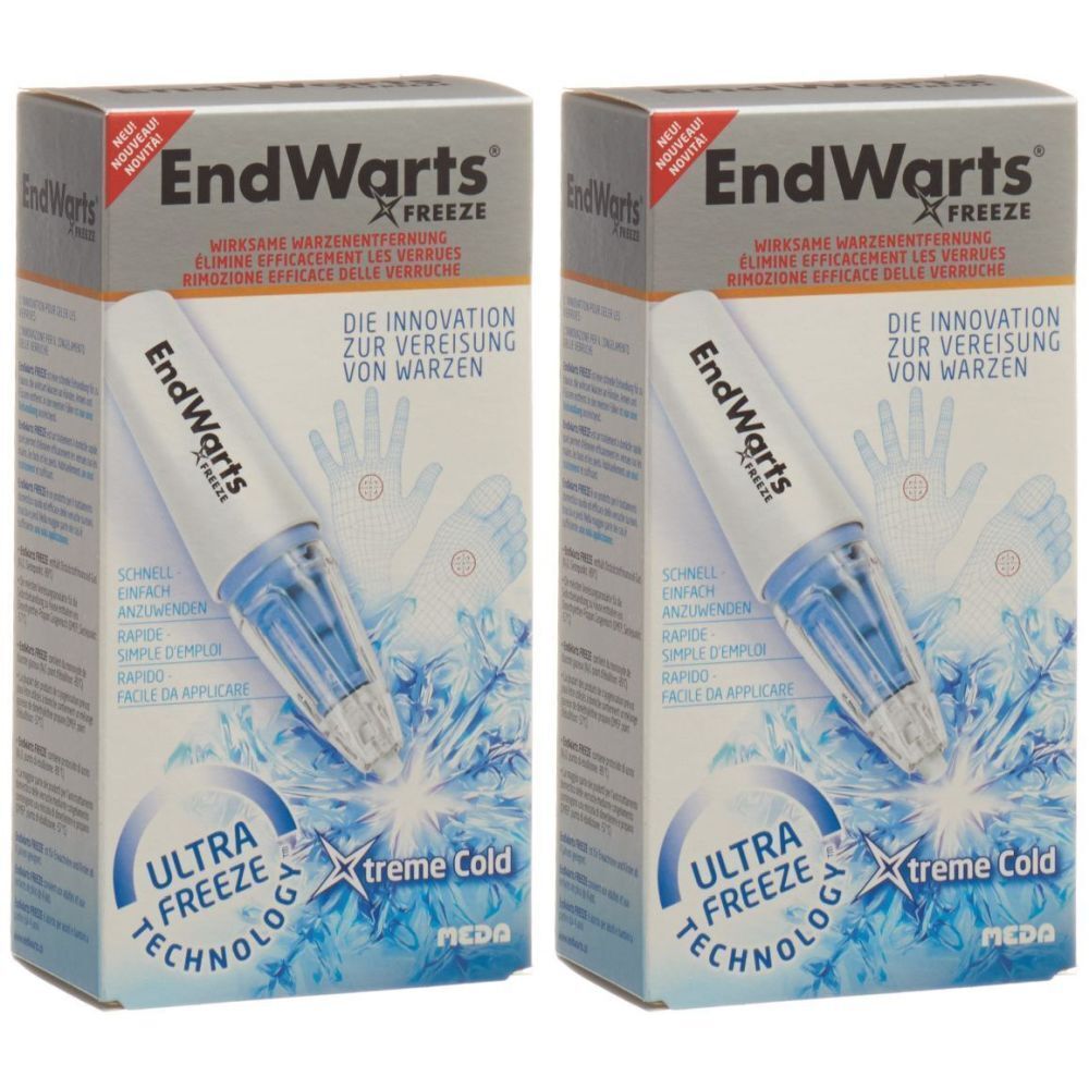 Zwei Schachteln mit dem Produkt. Aufdruck: EndWarts Freeze, Text und Abbildung eines Applikators. Blaue und weiße Farbtöne.