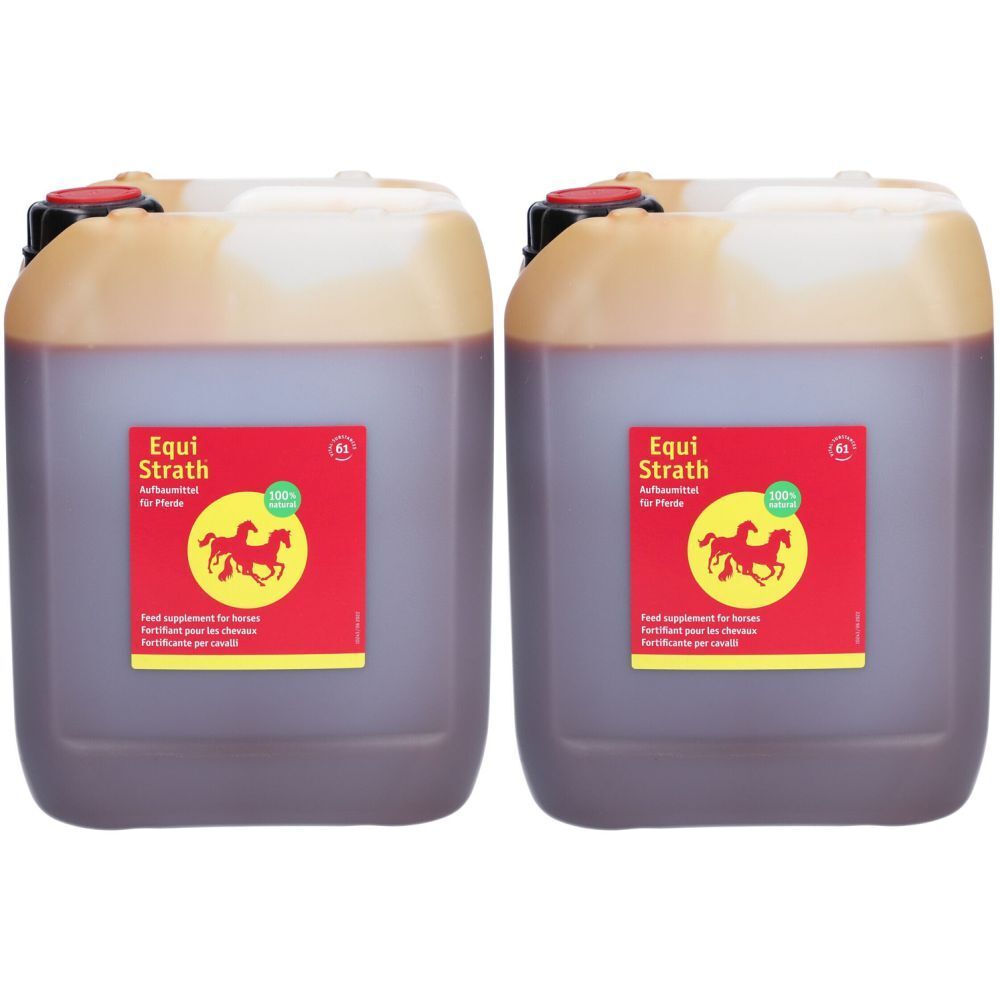 Zwei rechteckige Behälter mit Flüssigkeit. Auf rotem Etikett: EQUI STRATH, Logo mit Pferden. Schwarzer Deckel mit rotem Verschluss.