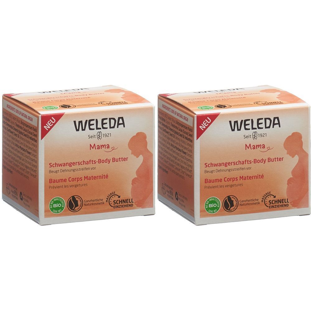 Zwei quadratische Kartons. Aufschrift: WELEDA Mama Schwangerschafts-Body Butter. Bio-Siegel und Logo.