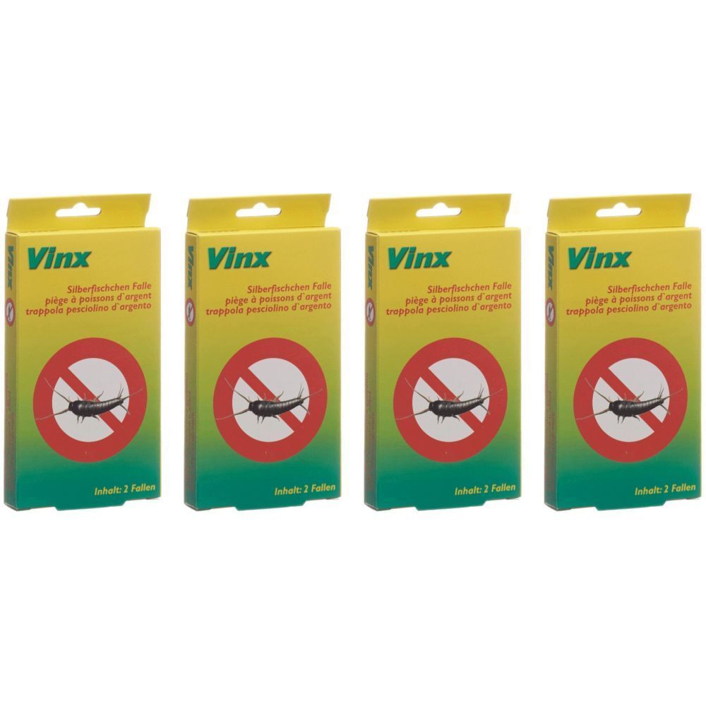 Vier Schachteln VINX Silberfischchenfalle. Gelbe Verpackung mit rotem Kreis und Silberfisch-Symbol. Text in Deutsch, Französisch und Italienisch.