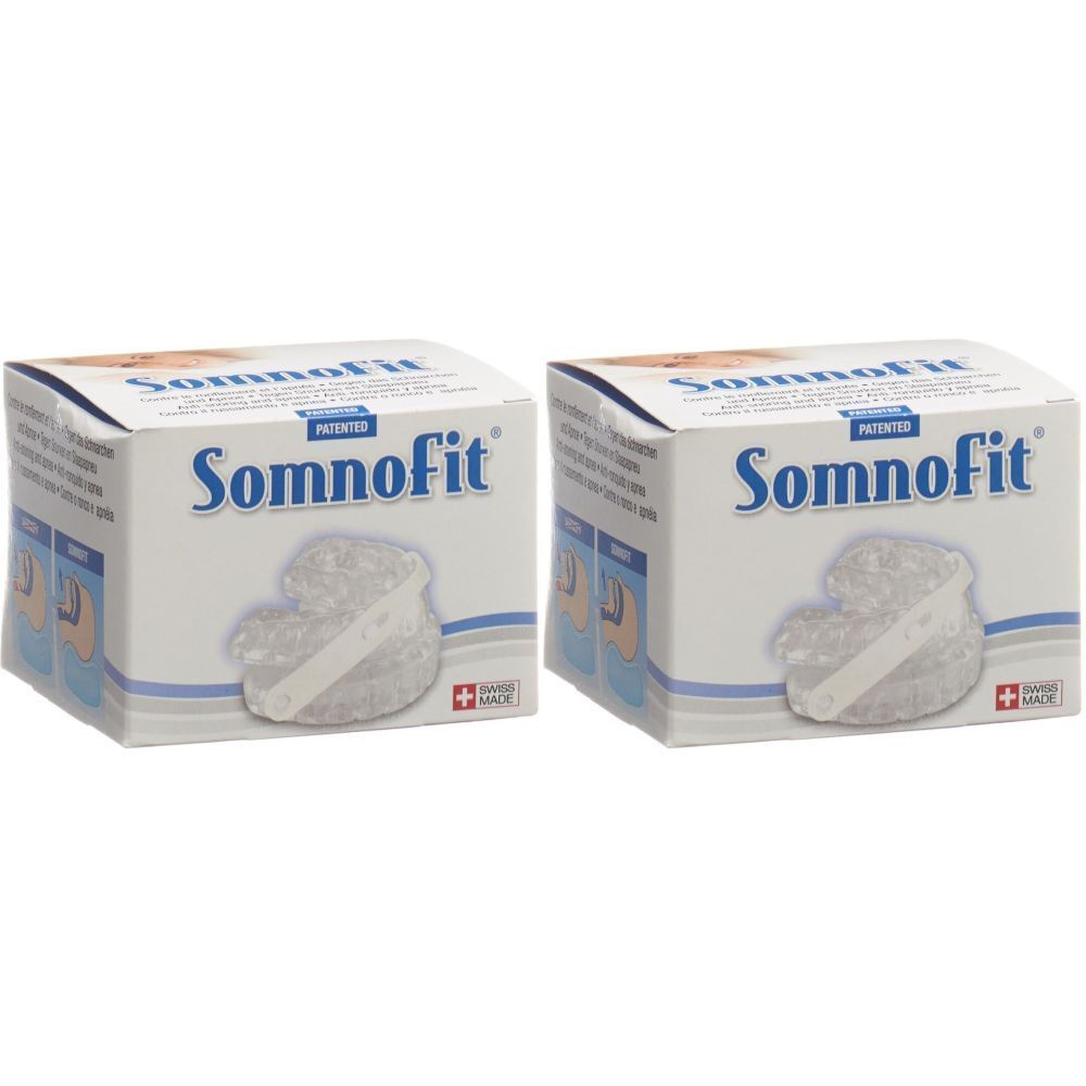 Zwei Schachteln mit dem Produkt Somnofit. Auf jeder Schachtel ist der Markenname Somnofit und das Produkt abgebildet. Swiss Made.