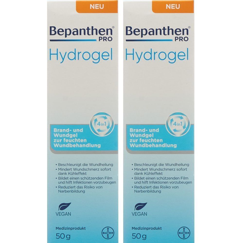 Zwei Tuben Bepanthen Pro Hydrogel. Aufschrift: Brand- und Wundgel. Vegan. Medizinprodukt. 50g. Logo.