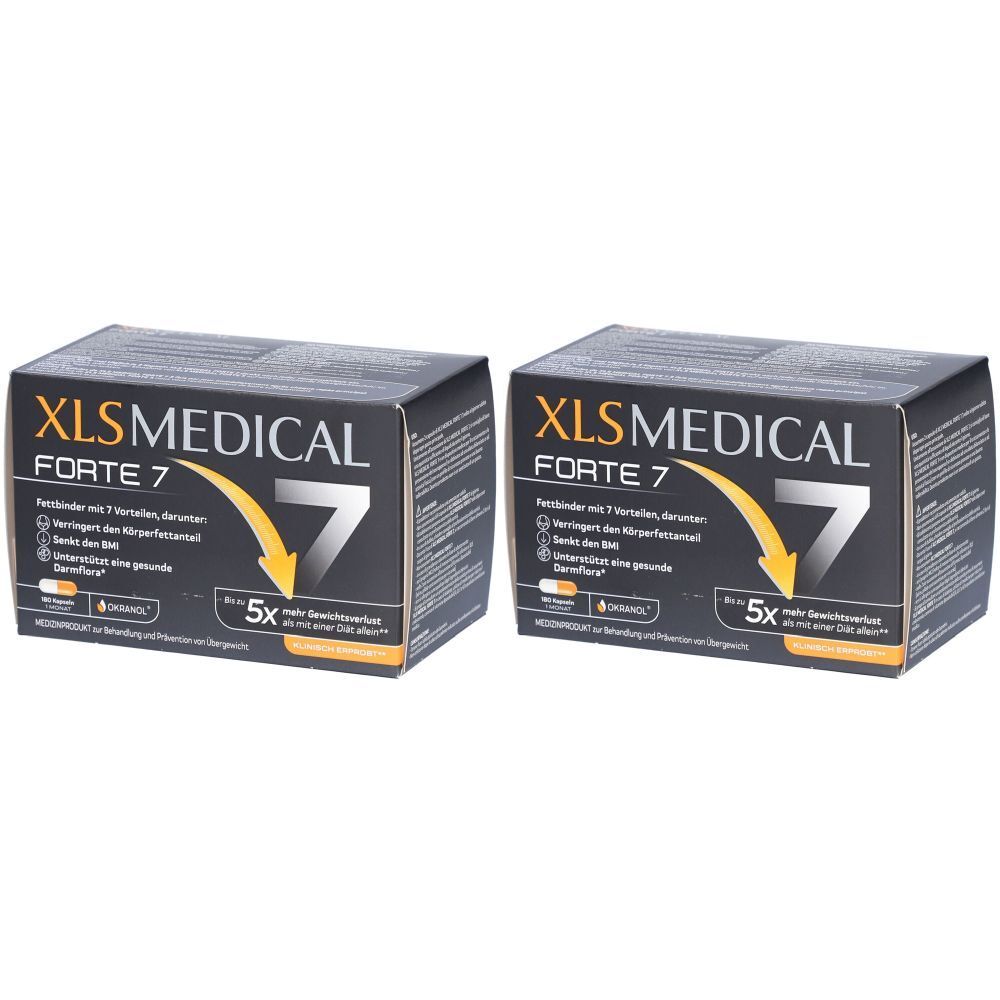 Zwei Schachteln XL-S MEDICAL Forte 7. Schwarze Verpackung mit gelben und weißen Akzenten. Text: Forte 7, 5x mehr Gewichtverlust.