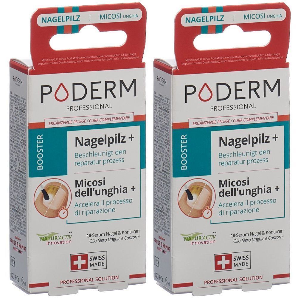 Zwei PODERM-Verpackungen. Weiß, rot und blau. Text: Nagelpilz+, Micosi dell'unghia+, Swiss Made. Mit Aufhänger.