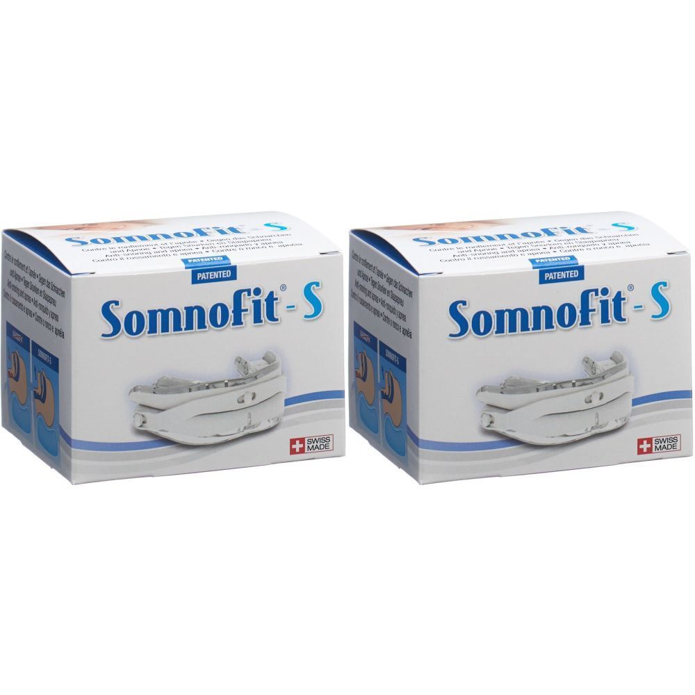 Zwei Schachteln mit dem Produktnamen Somnofit-S. Auf jeder Schachtel ist ein Mundstück abgebildet. Das Logo Swiss Made ist sichtbar.