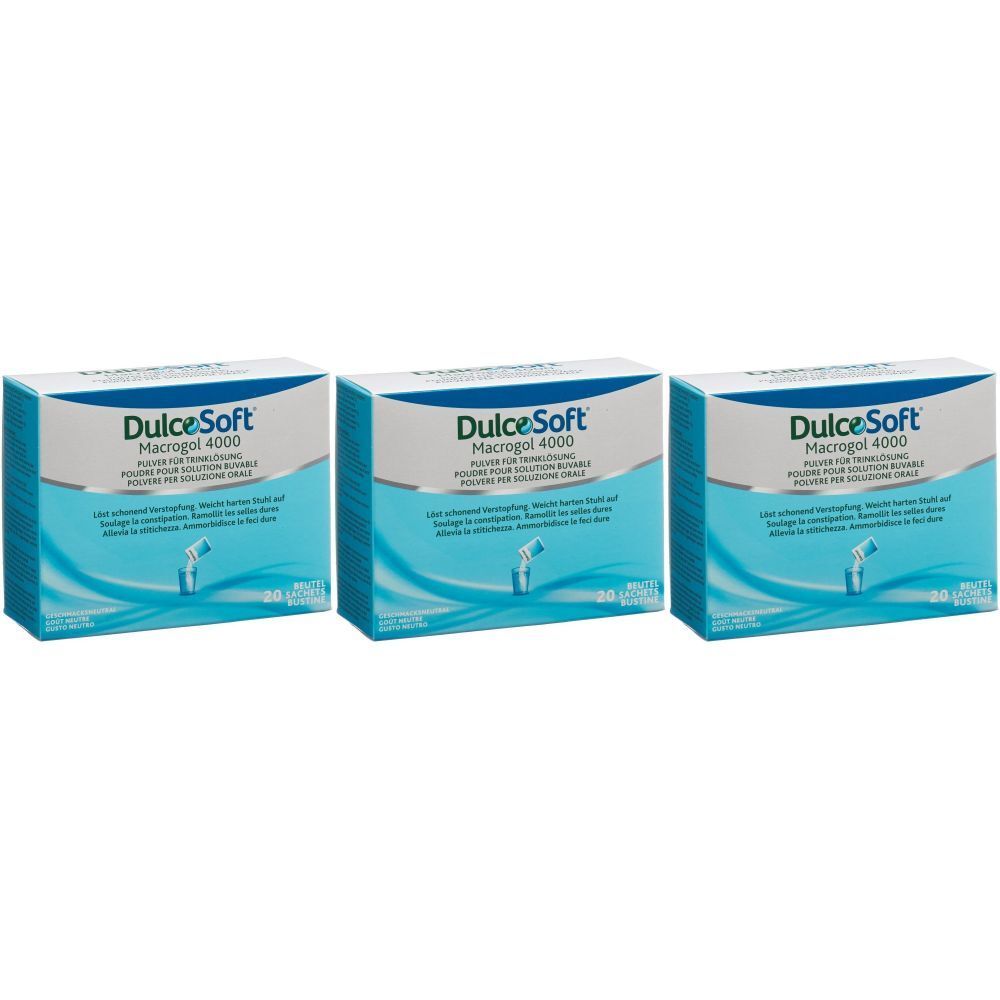 Drei Schachteln DULCOSOFT® Pulver zur Herstellung einer Lösung zum Einnehmen. Blaue Verpackung mit Produktinformationen.