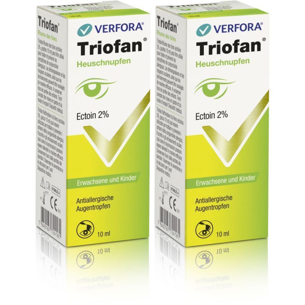 Deux boîtes de gouttes ophtalmiques. Inscription : Triofan Heuschnupfen, Ectoin 2%, pour adultes et enfants. 10 ml.