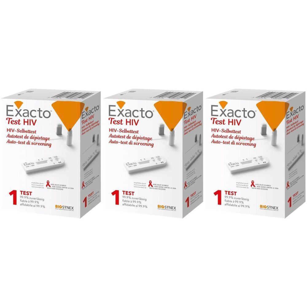 Drei Schachteln mit dem Produkt "Exacto Test HIV". Auf jeder Schachtel steht der Produktname, ein Teststreifen und eine rote Schleife.