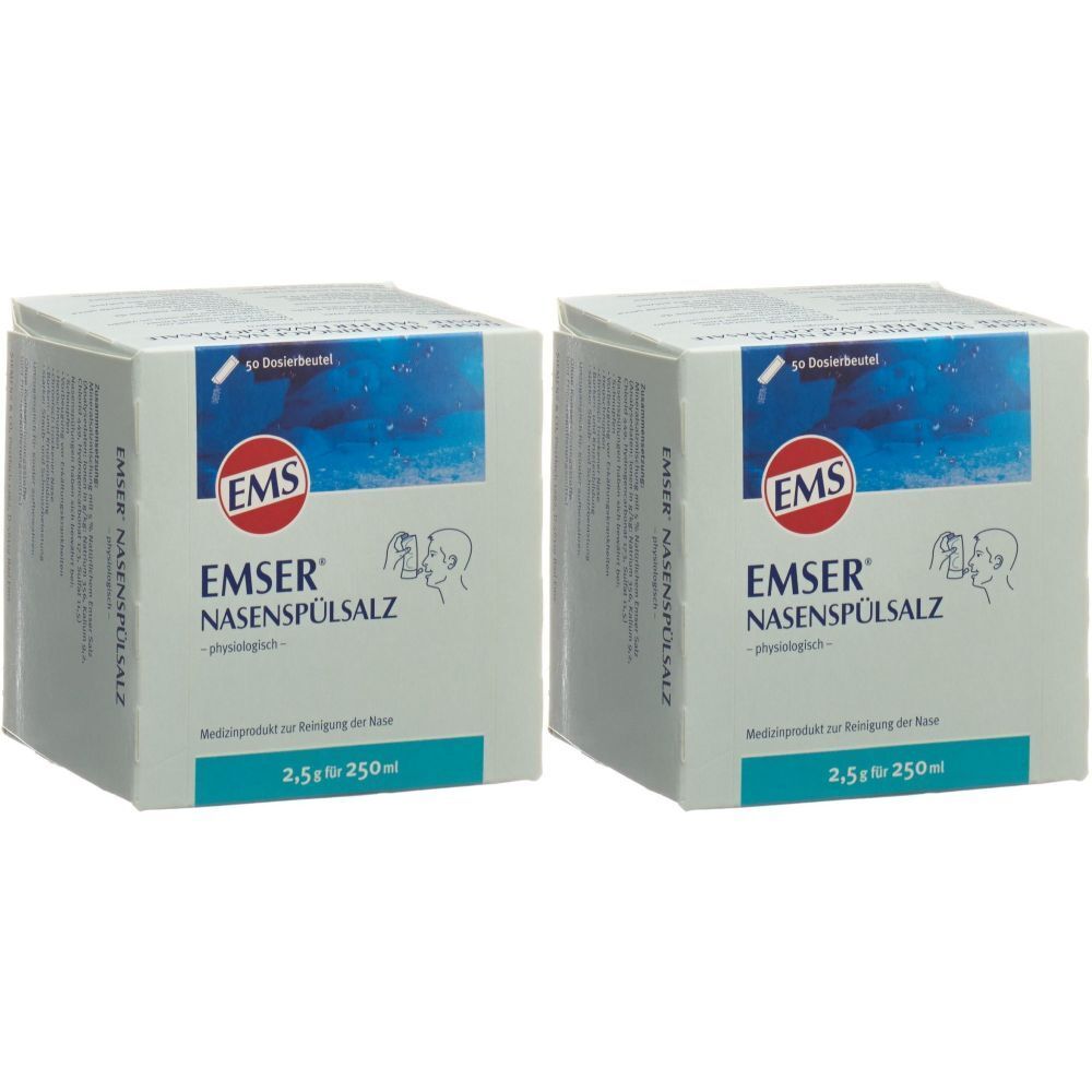 Zwei Kartons EMSER Nasenspülsalz. Weiß mit blauer Grafik und rotem Logo. Text: Nasenspülsalz, 2,5 x 250ml.