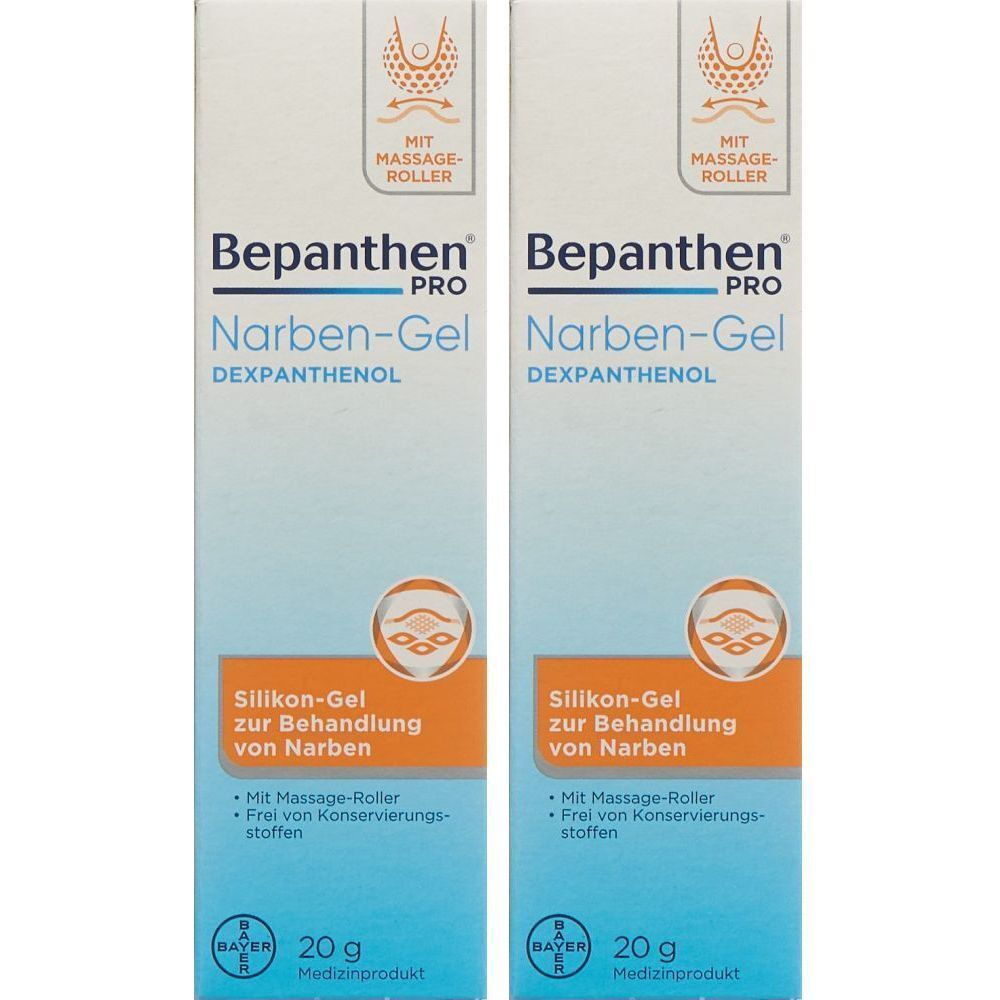 Zwei Tuben Bepanthen Pro Narben-Gel. Aufschrift: Silikon-Gel zur Behandlung von Narben. Mit Massage-Roller. Frei von Konservierungsstoffen. 20 g.