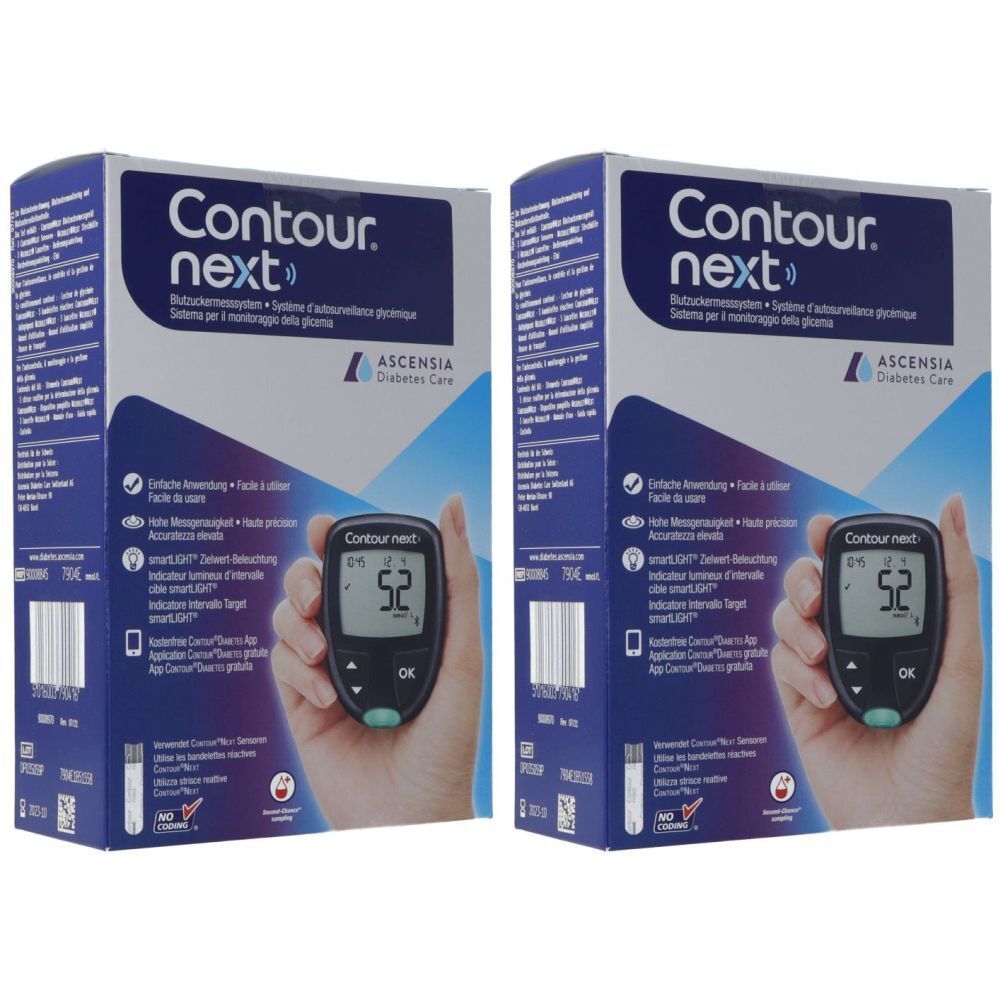 Zwei Packungen CONTOUR Next Blutzuckermessgerät. Auf der Verpackung steht "Contour next". Ein Messgerät wird in der Hand gehalten.