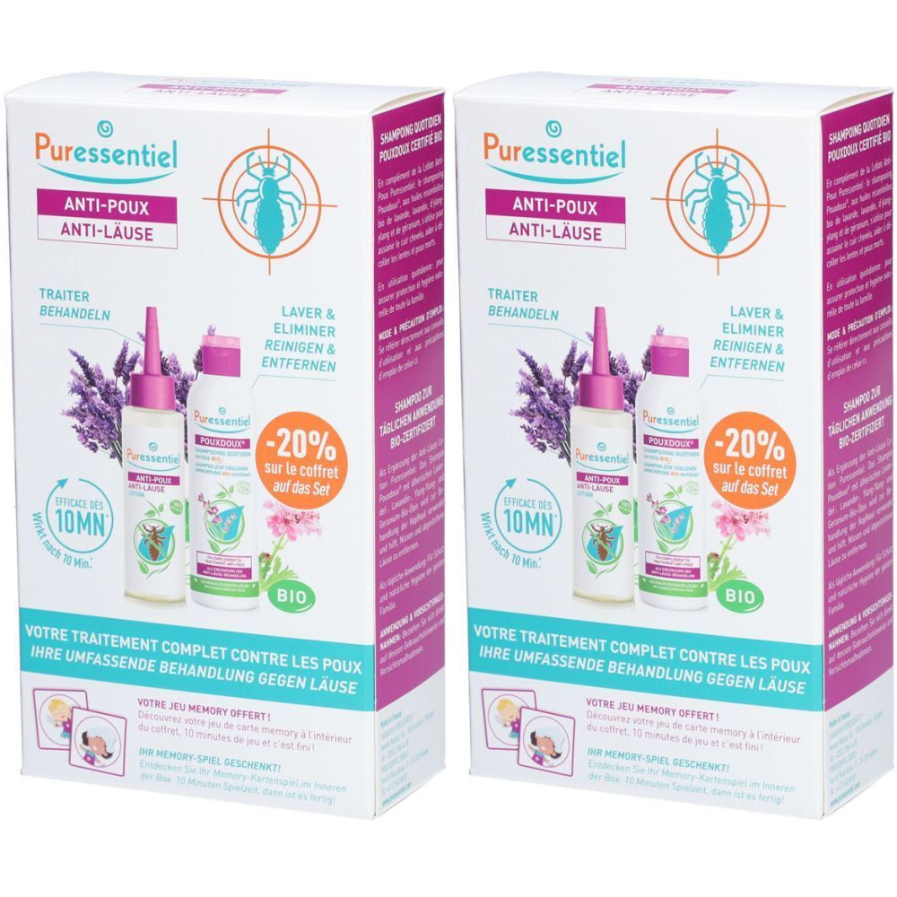 Boîte Puressentiel Anti-Poux. Contient lotion, shampooing et -20% de réduction. Inclus: traitement complet contre les poux.