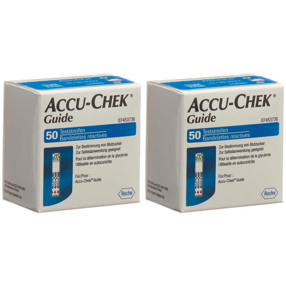 Deux boîtes de bandelettes réactives ACCU-CHEK Guide. Chaque boîte contient 50 bandelettes. Inscriptions en allemand et en français.